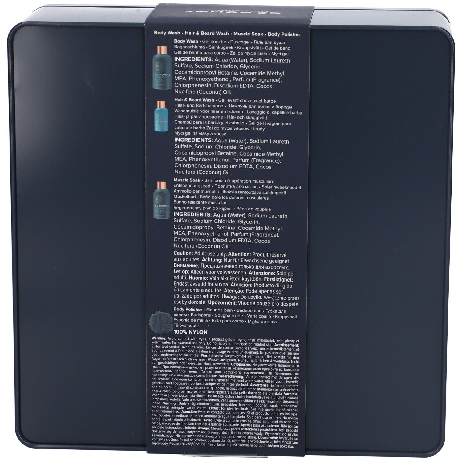 Retro della confezione regalo. Sfondo nero con informazioni sul prodotto e ingredienti in più lingue.