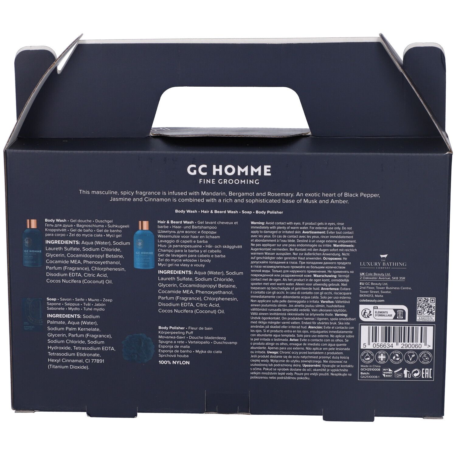 Retro della confezione regalo con informazioni sul prodotto e ingredienti. Testo multilingue.