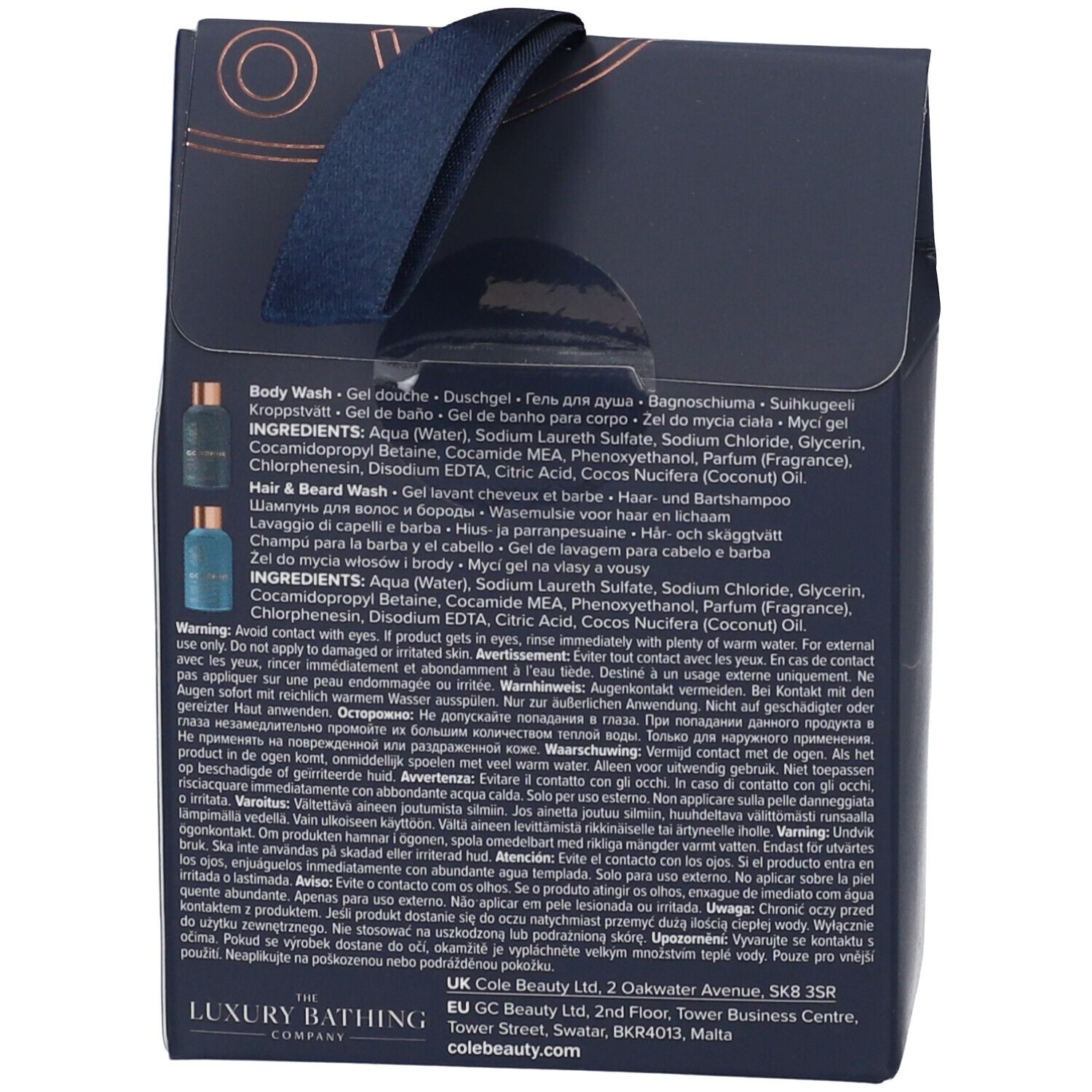 Retro della confezione regalo. Testo con ingredienti e avvertenze. Logo: The Luxury Bathing Company.