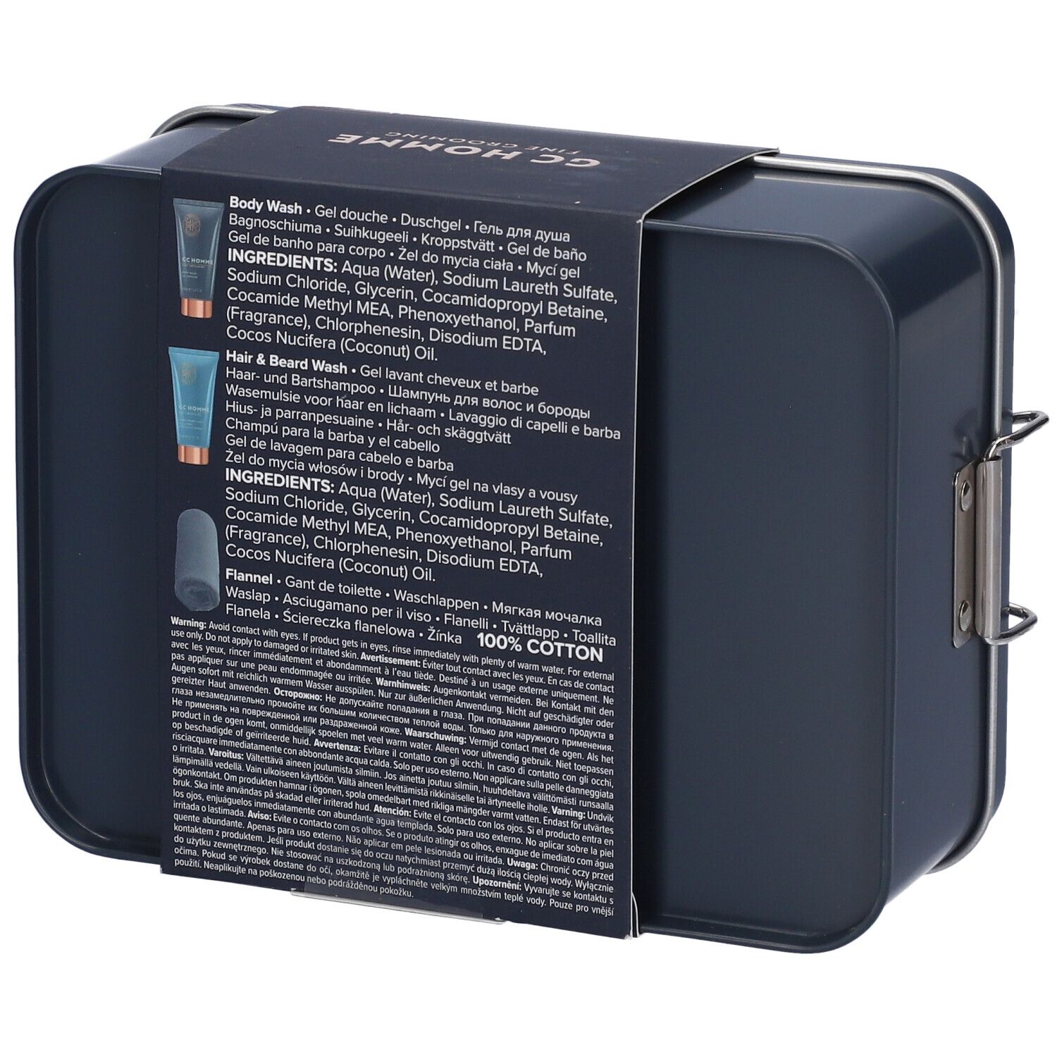 Retro della scatola metallica blu scuro. Testo con ingredienti e informazioni sul prodotto.