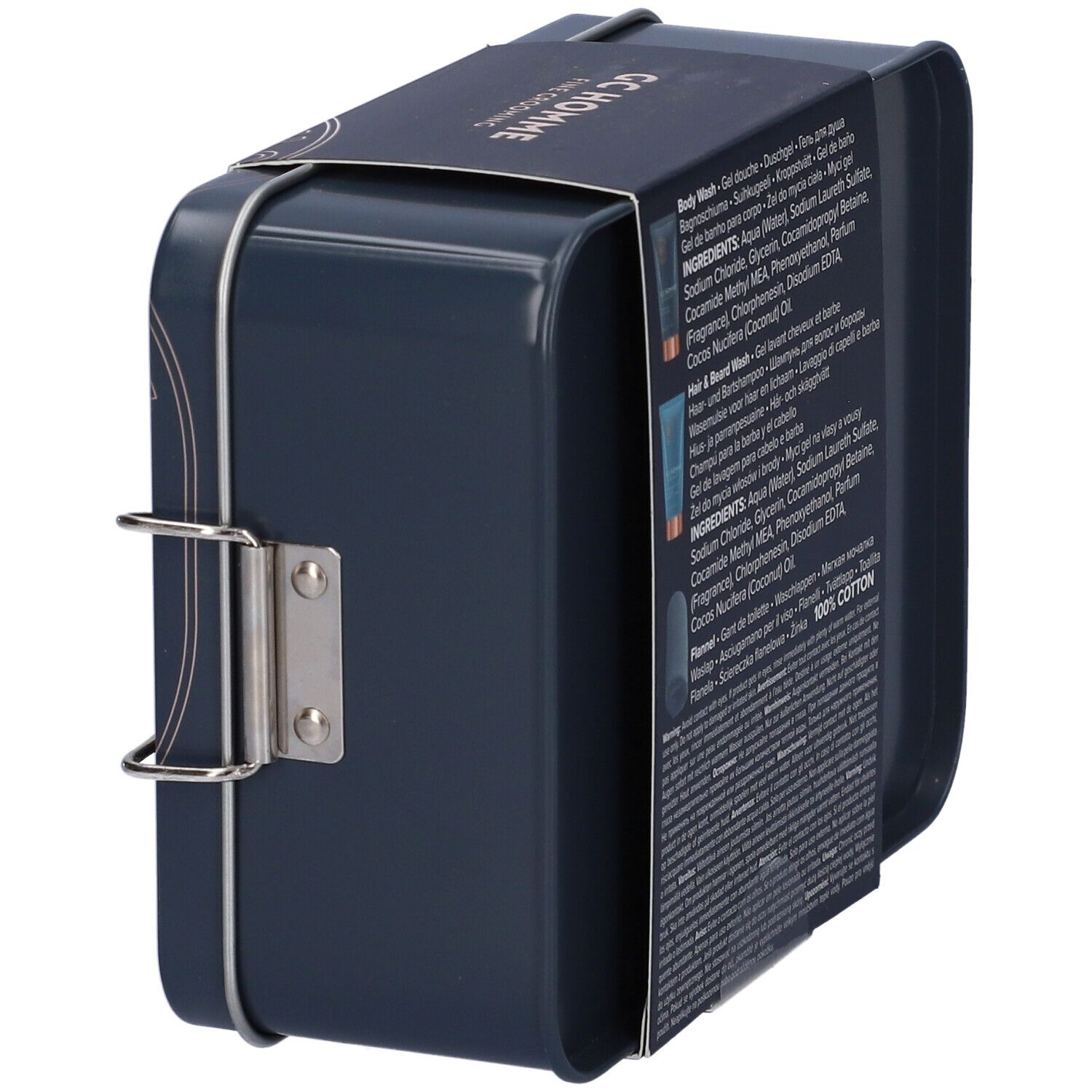 Scatola metallica blu scuro, vista laterale con testo. Scritta: GC Homme Fine Grooming.