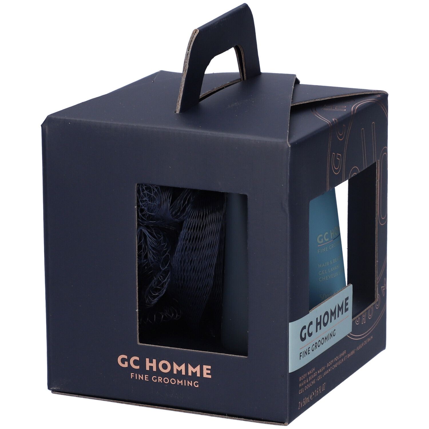 Scatola regalo con manico. Contiene un flacone e una spugna. Testo: GC Homme Fine Grooming.