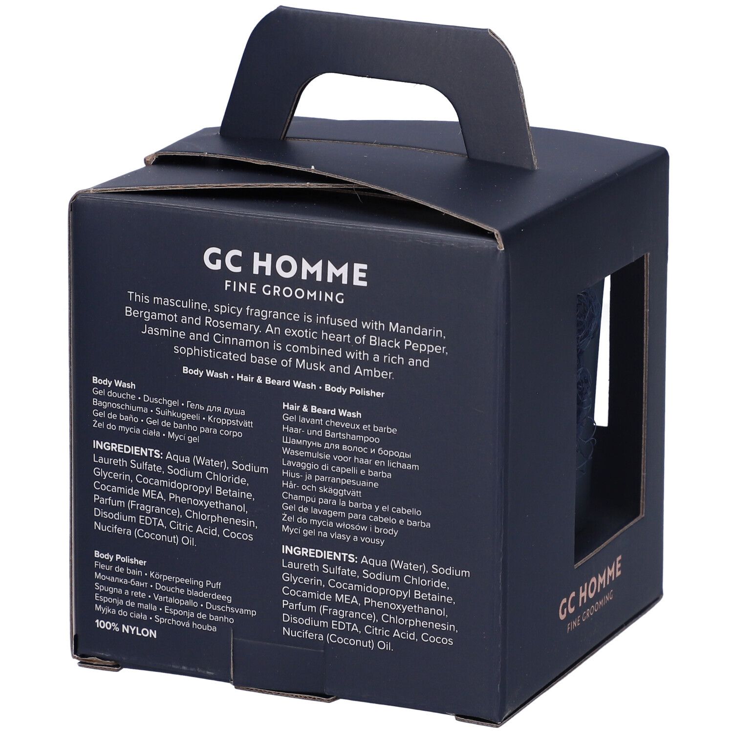 Scatola regalo con manico. Retro con informazioni sul prodotto. Testo: GC Homme Fine Grooming.