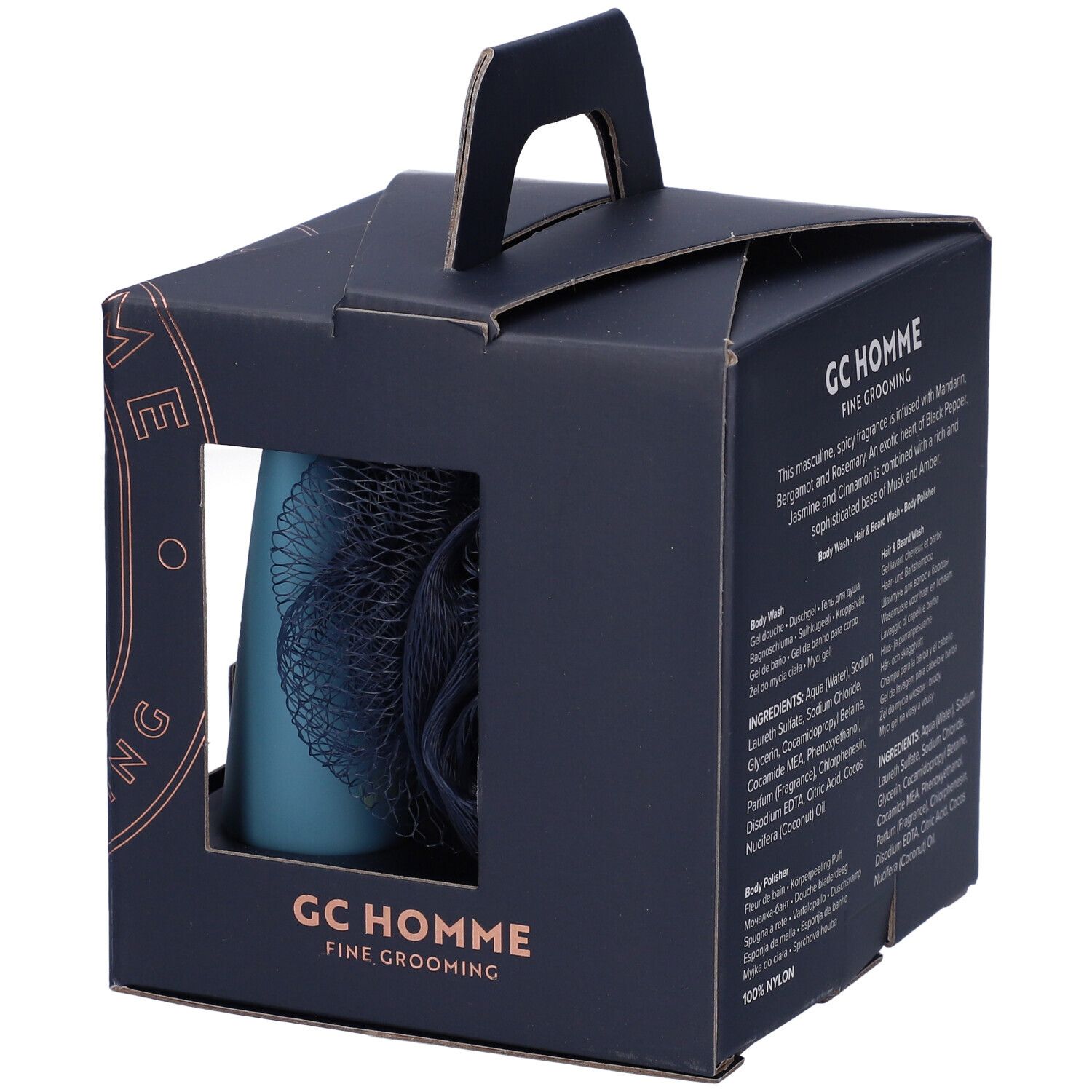 Scatola regalo con manico. Contiene un flacone e una spugna. Testo: GC Homme Fine Grooming.