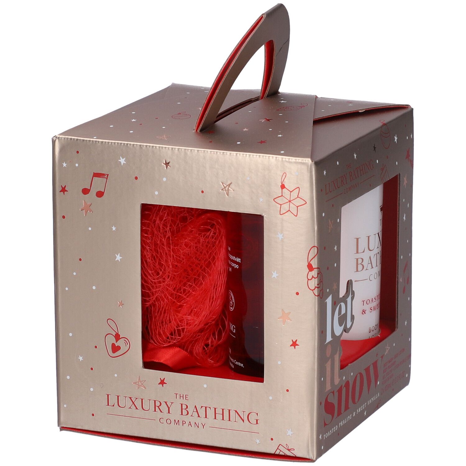 Confezione regalo con due bottiglie, una spugna e manico. Scritta: Let it snow. Marchio: The Luxury Bathing Company.
