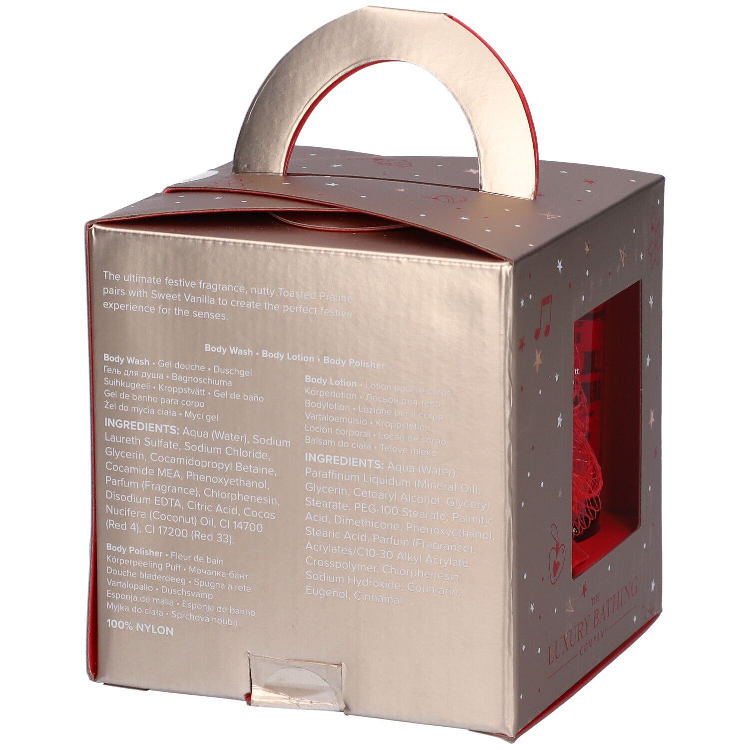 Retro della confezione regalo. Testo con ingredienti e informazioni sul prodotto. Marchio: The Luxury Bathing Company.