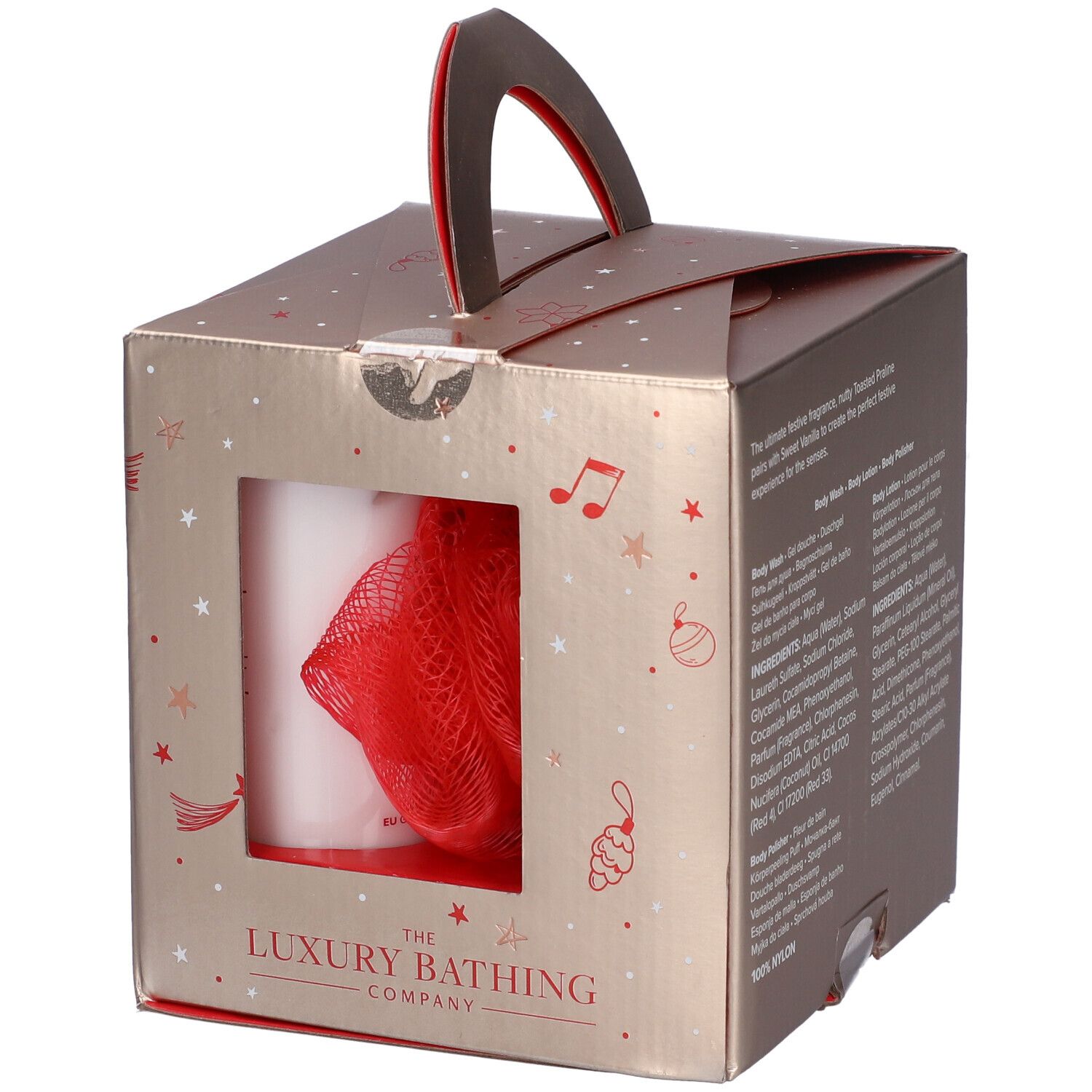 Confezione regalo con due bottiglie, una spugna e manico. Marchio: The Luxury Bathing Company. Visibile: Body Lotion.