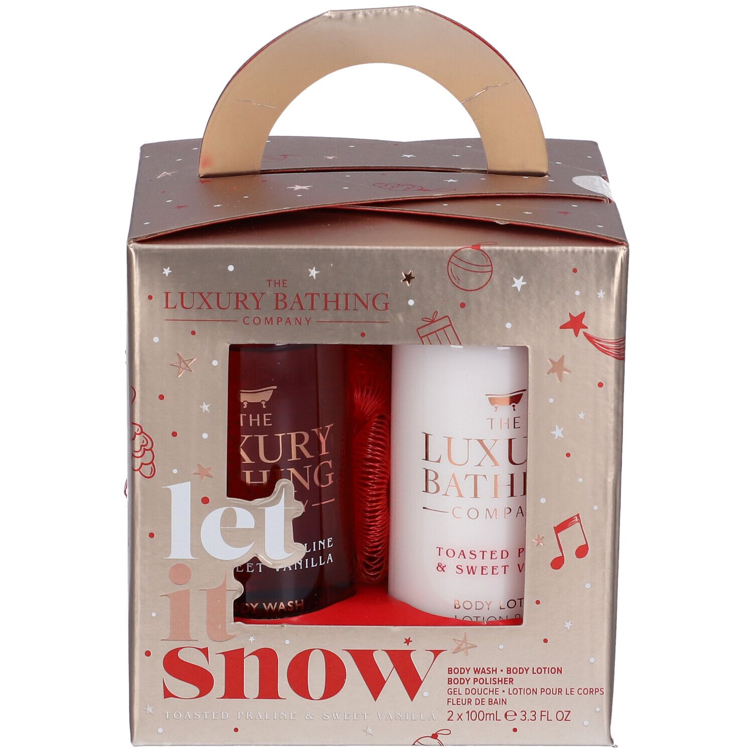 Confezione regalo con due bottiglie, una spugna e manico. Scritta: Let it snow. Marchio: The Luxury Bathing Company.