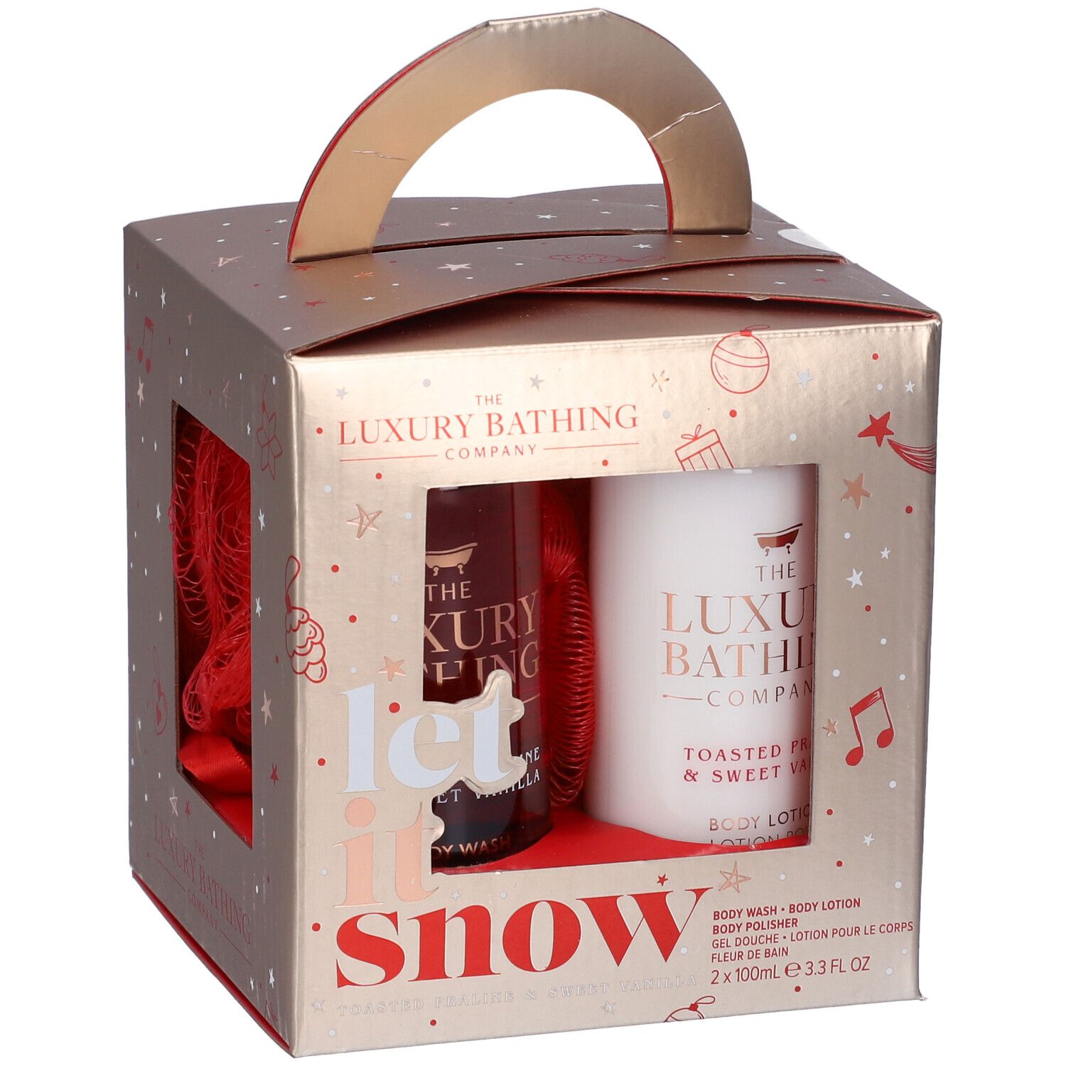 Confezione regalo con due bottiglie, una spugna e manico. Scritta: Let it snow. Marchio: The Luxury Bathing Company.