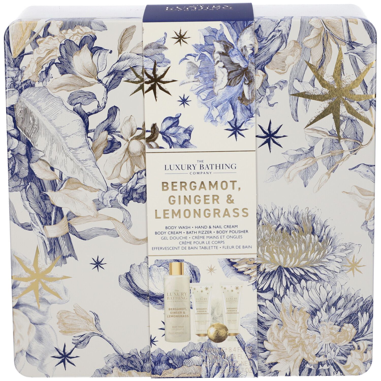 The Luxury Bathing Company Set Regalo Bergamotto, Zenzero & Lemongrass Bagnodoccia + Crema Corpo + Crema Mani + Bath Fizz + Spugna in Rete