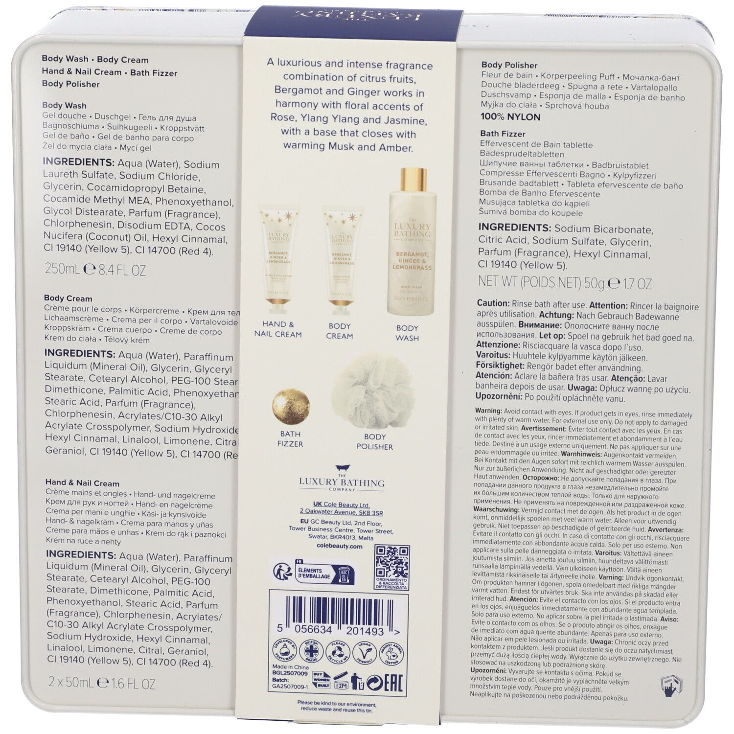 Retro del set regalo. Contiene informazioni sui prodotti, ingredienti e avvertenze. Include anche una spugna da bagno e una bomba da bagno.