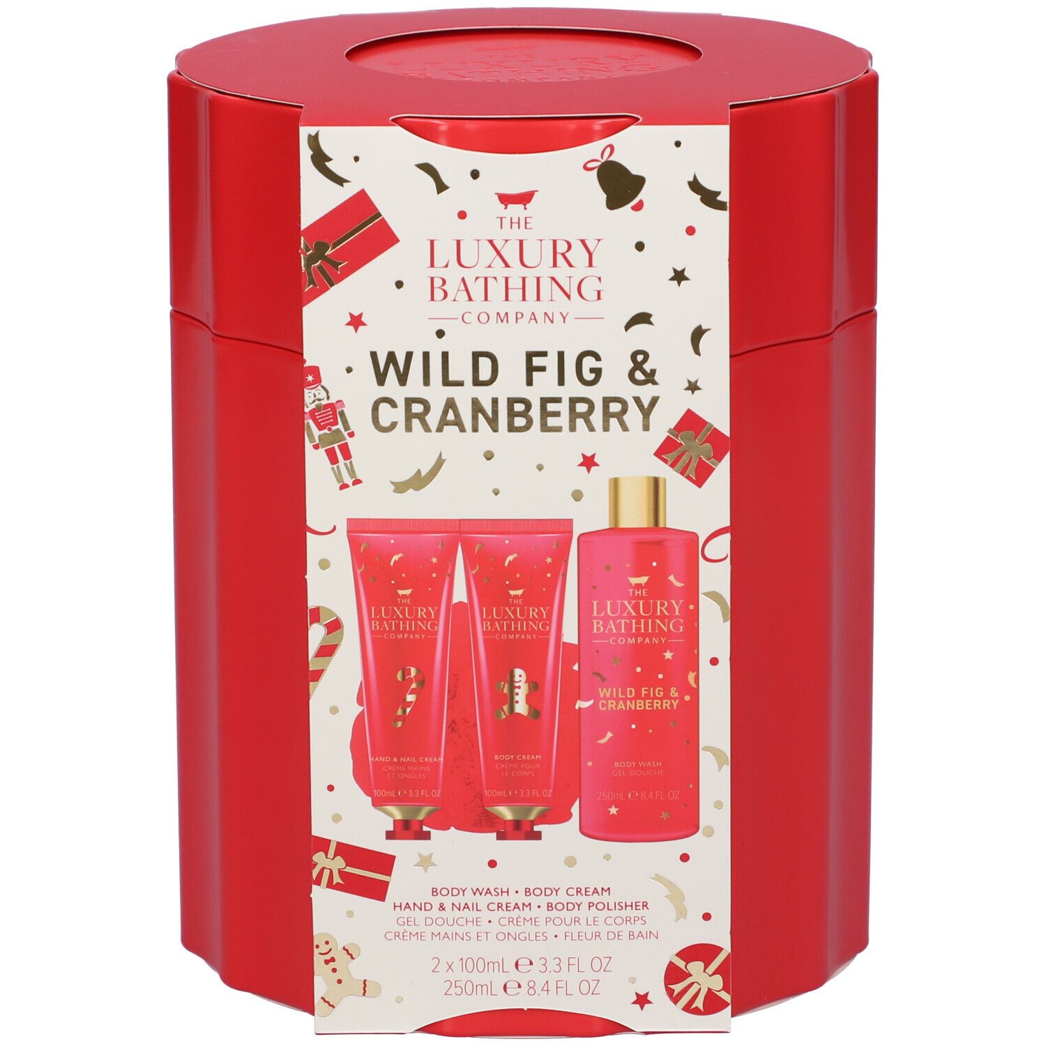 Confezione regalo rossa. Contiene gel doccia, crema mani e unghie, crema corpo e spugna. Decorata con motivi festivi.