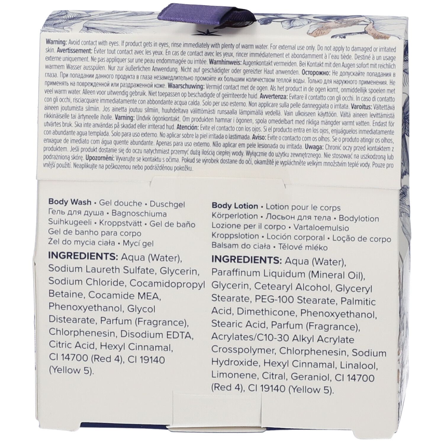 Retro della confezione regalo con ingredienti e avvertenze multilingue. Testo: Body Wash, Body Lotion.