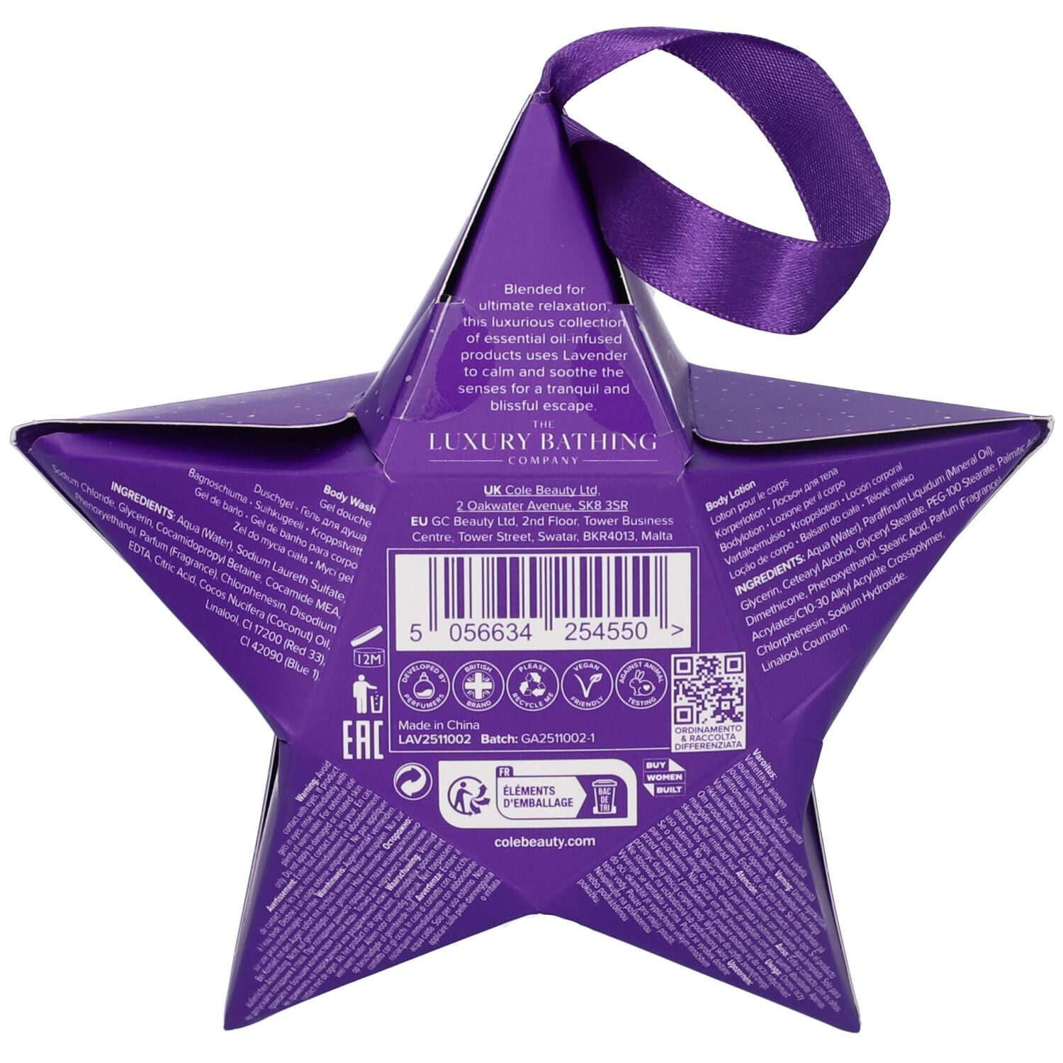 Retro della confezione regalo a stella viola. Testo e codice a barre. Nastro per appendere.