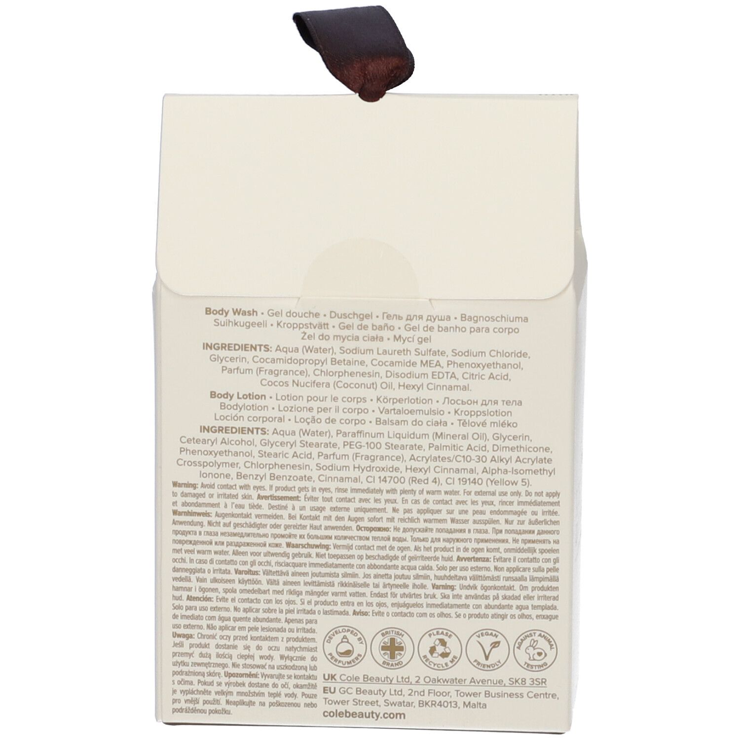 Retro della confezione regalo con ingredienti e informazioni. Testo multilingue.