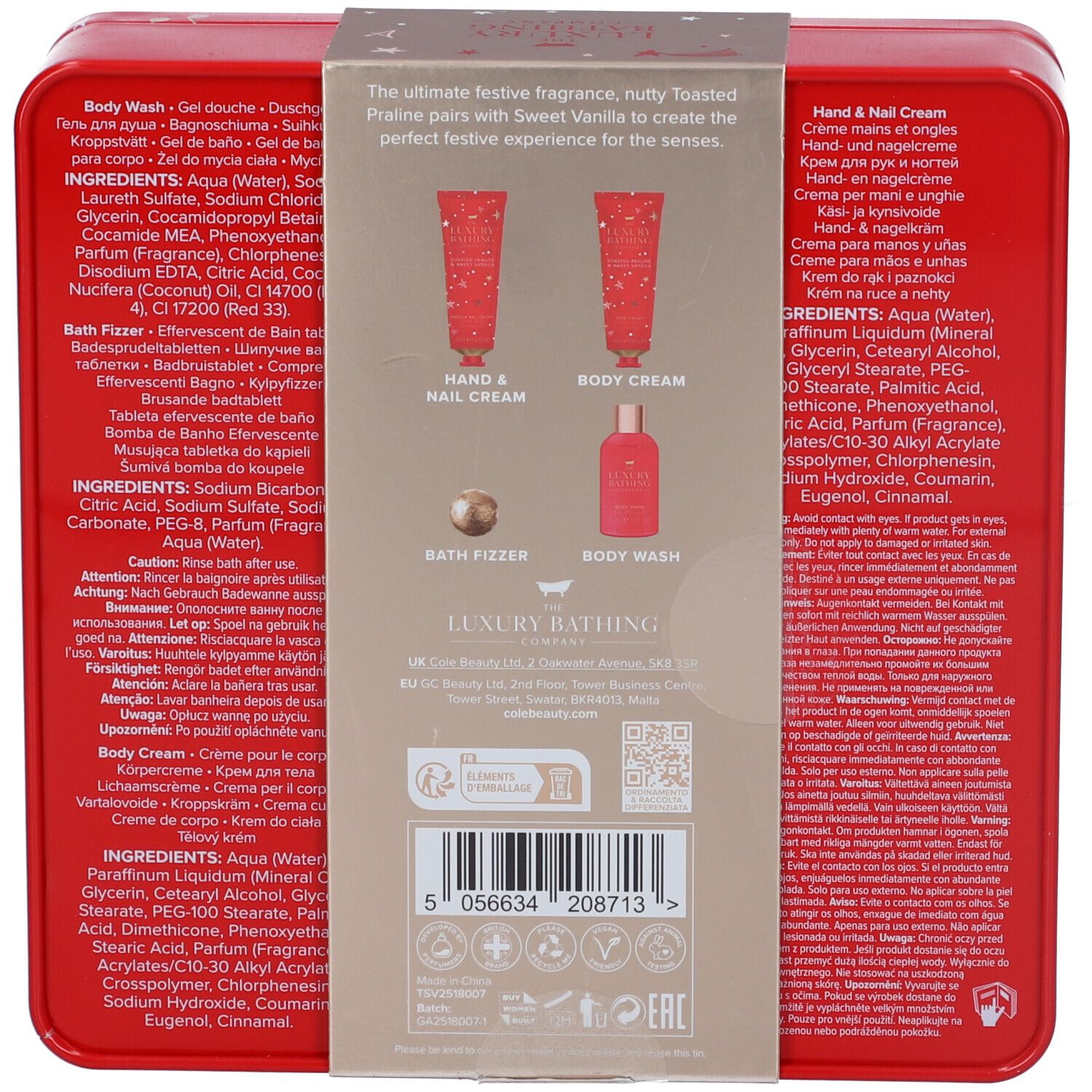 Retro della confezione regalo. Contiene informazioni sul prodotto, ingredienti e codice QR. Testo: The Luxury Bathing Company, Vaniglia Dolce e Pralina Tostata.