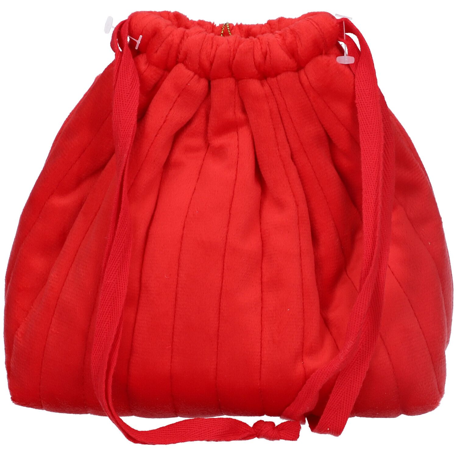 Pochette rossa con coulisse. Cuciture verticali. Cordino rosso come manico. Cerniera sulla parte superiore.