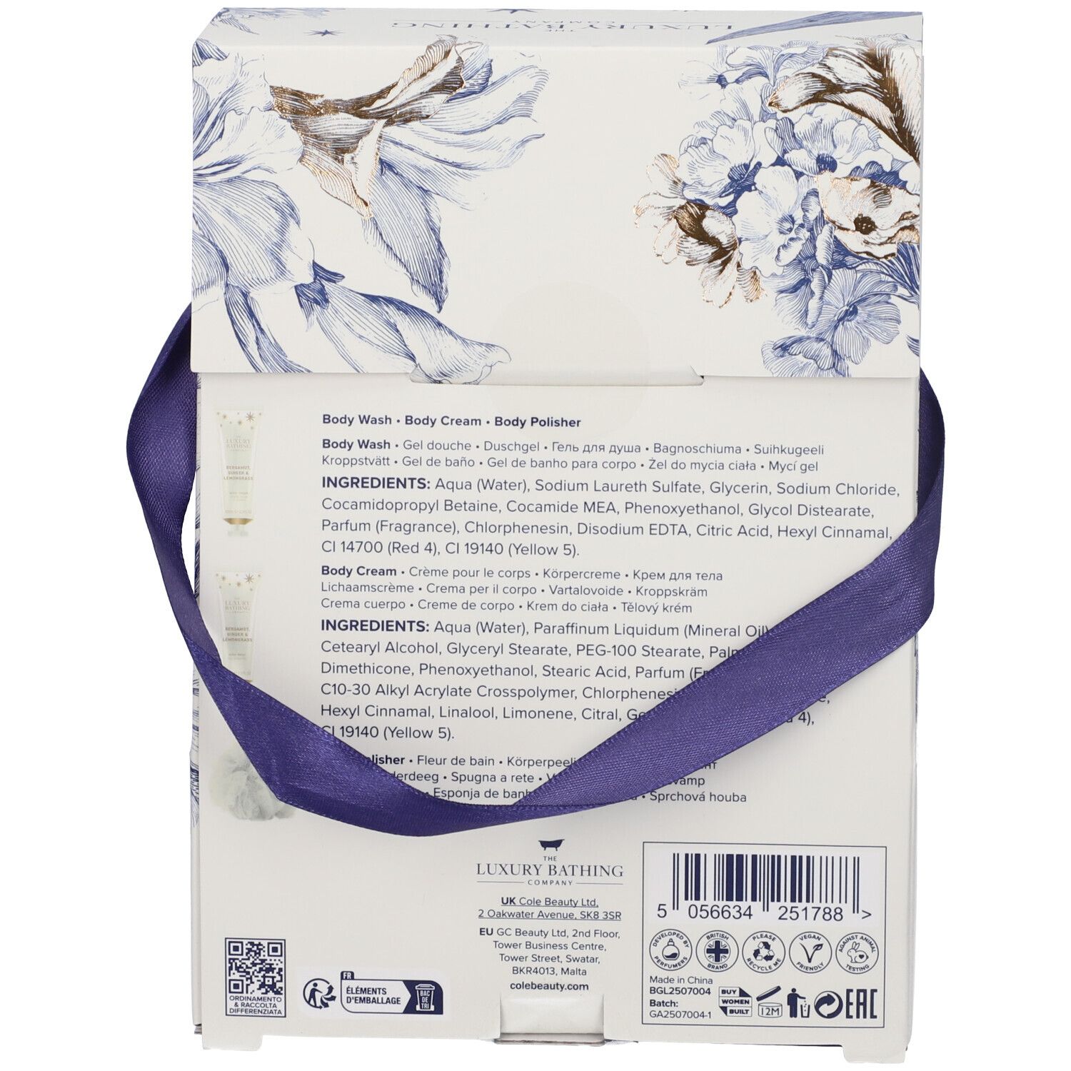 Retro della confezione regalo con motivo floreale e manico. Testo: ingredienti, marchio, loghi e codice a barre.