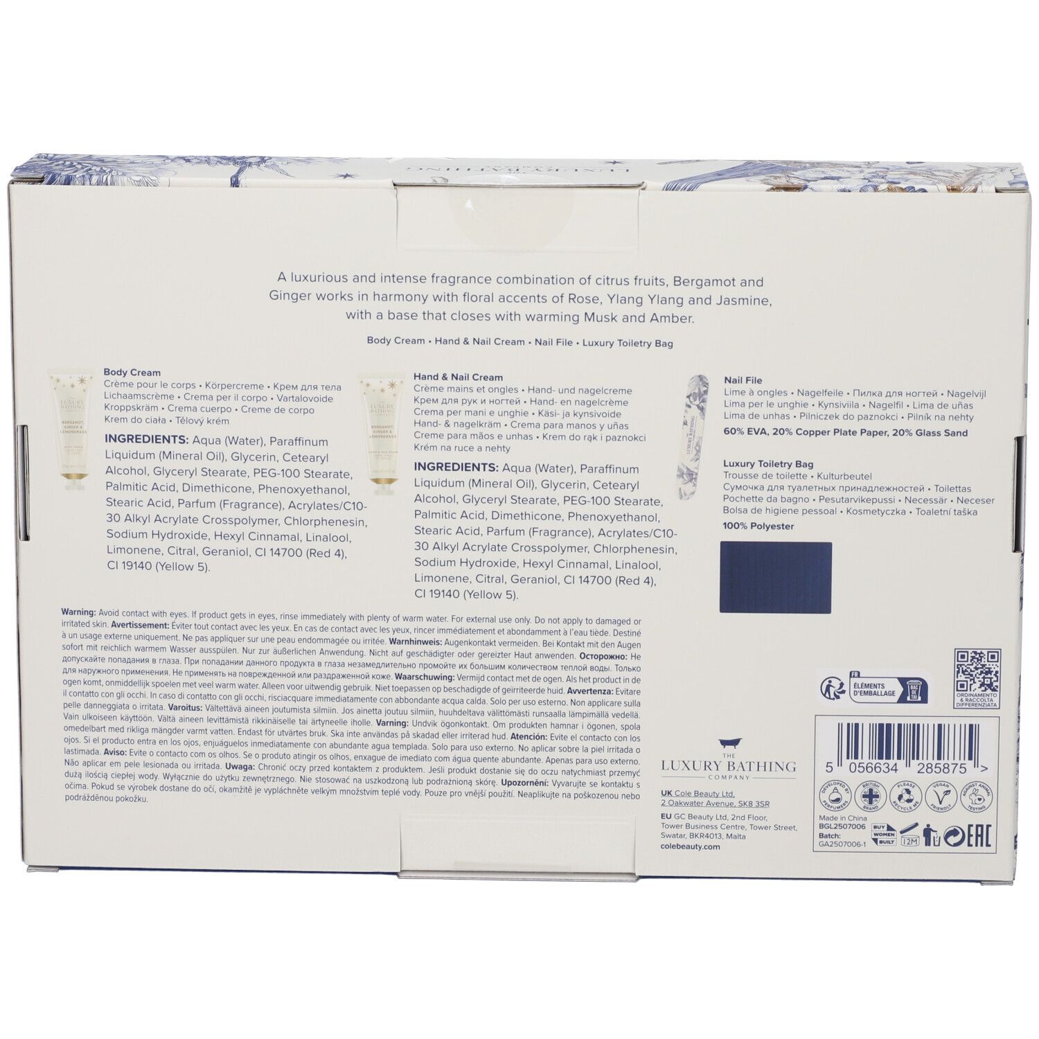 Retro della confezione regalo. Testo: ingredienti, descrizione, informazioni sul marchio. Con certificazioni e simboli.