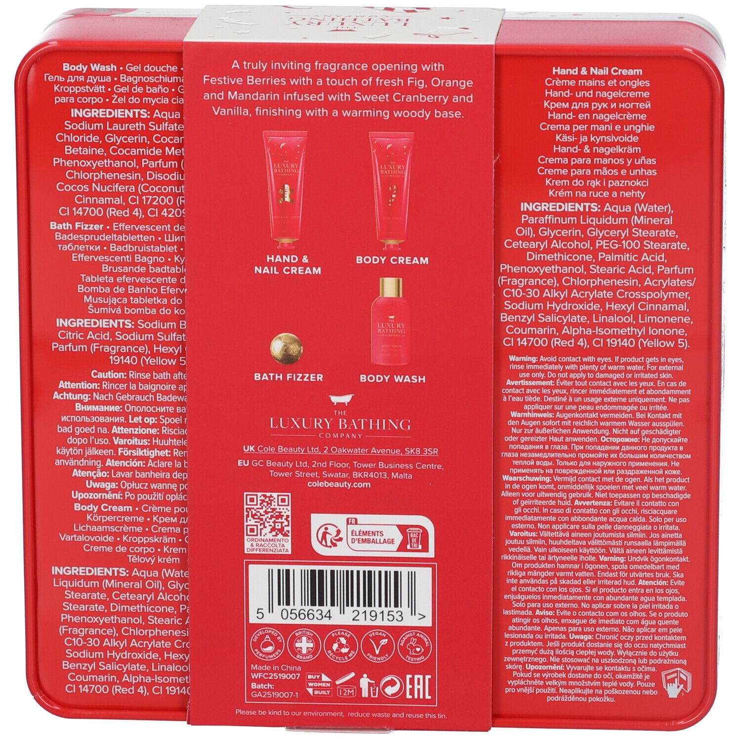 Retro della confezione regalo con informazioni sul prodotto e ingredienti. Contiene immagini di prodotti e codice QR.