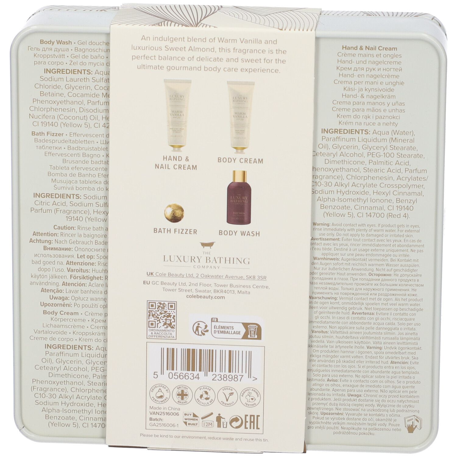 Retro del set regalo con informazioni sui prodotti The Luxury Bathing Company. Contiene ingredienti e nomi dei prodotti.