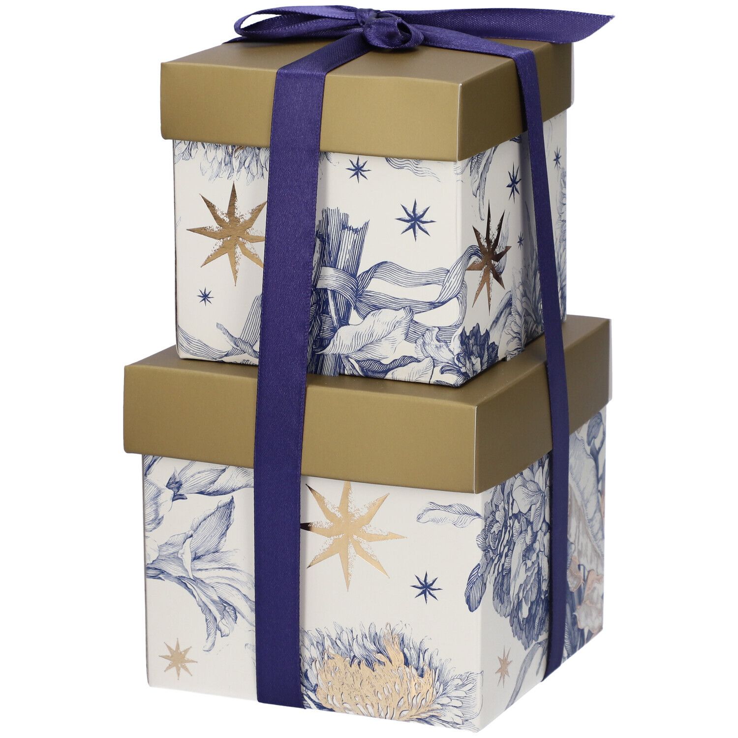 Due scatole regalo quadrate con motivi floreali blu e oro. Fiocco viola. Coperchi dorati.