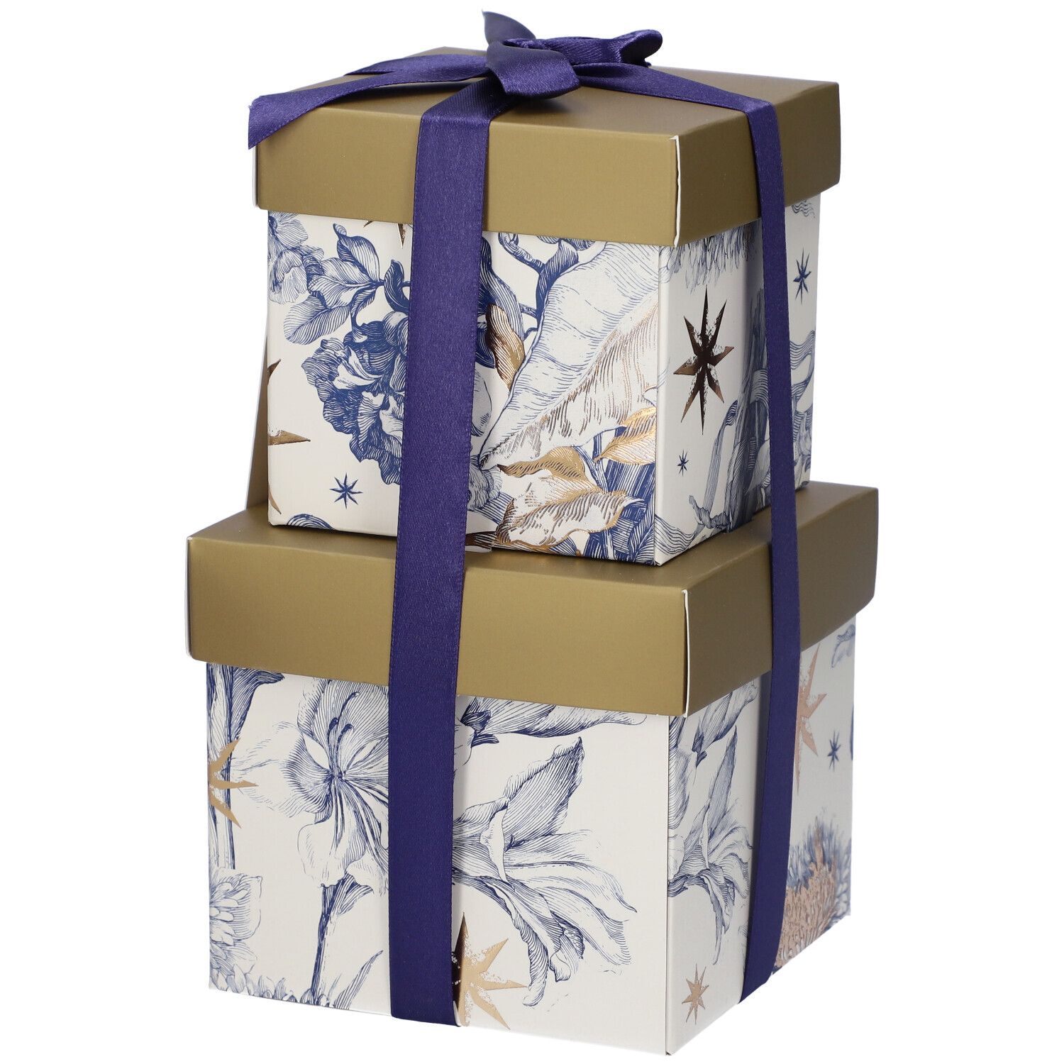 Due scatole regalo quadrate con motivi floreali blu e oro. Fiocco viola. Coperchi dorati.