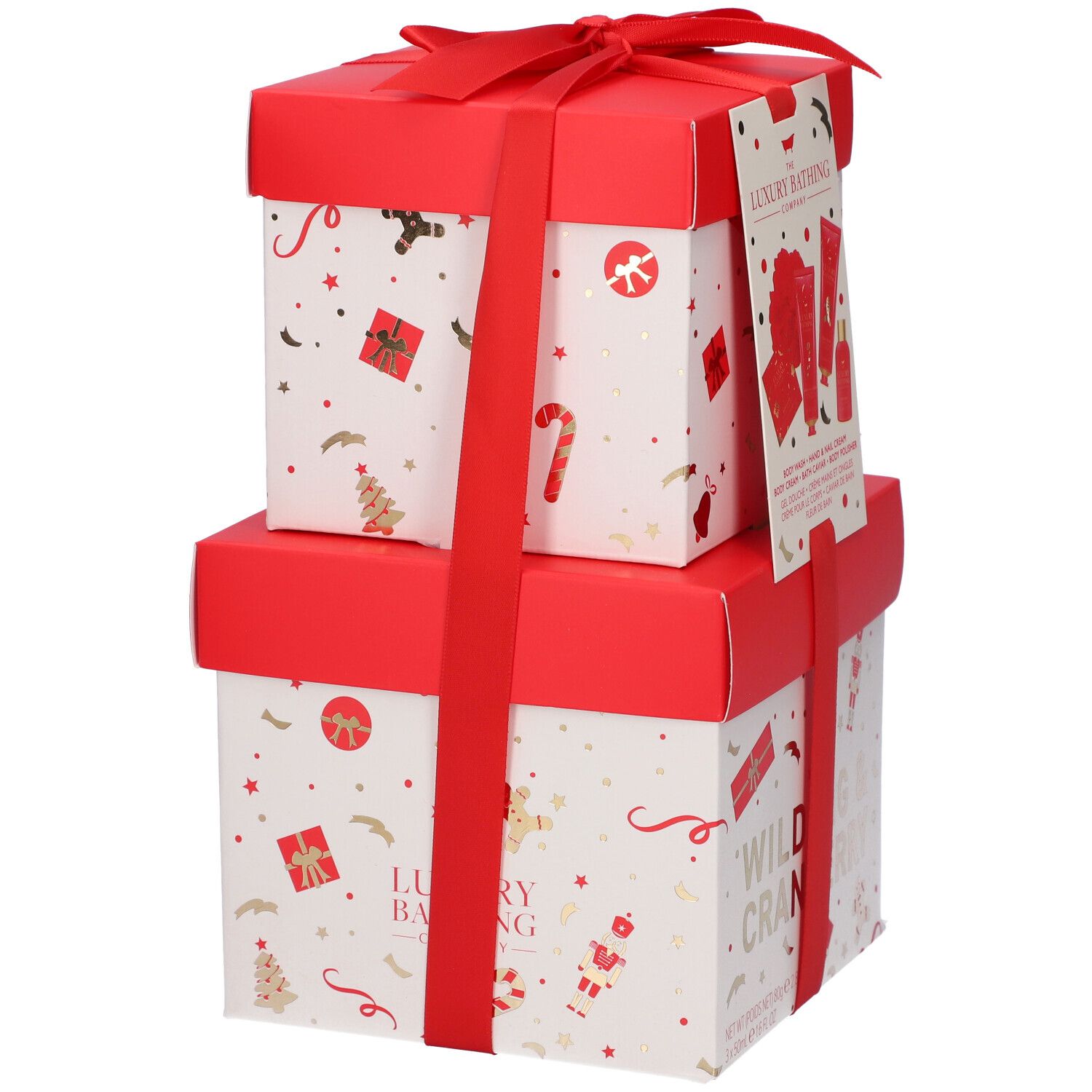 Set regalo, rosso e bianco. Contiene prodotti The Luxury Bathing Company. Con fiocco.
