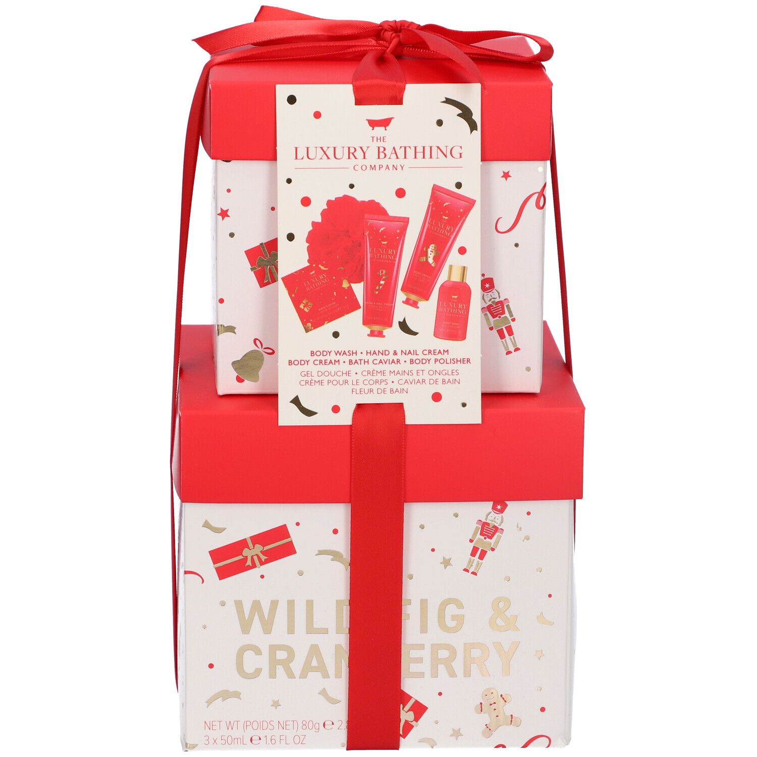Set regalo, rosso e bianco. Contiene prodotti The Luxury Bathing Company. Con fiocco ed etichetta.