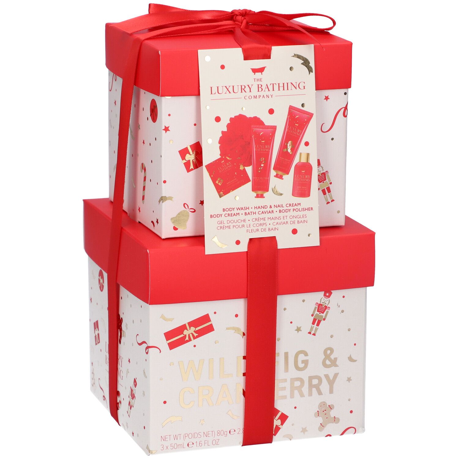 Set regalo, rosso e bianco. Contiene prodotti The Luxury Bathing Company. Con fiocco ed etichetta.