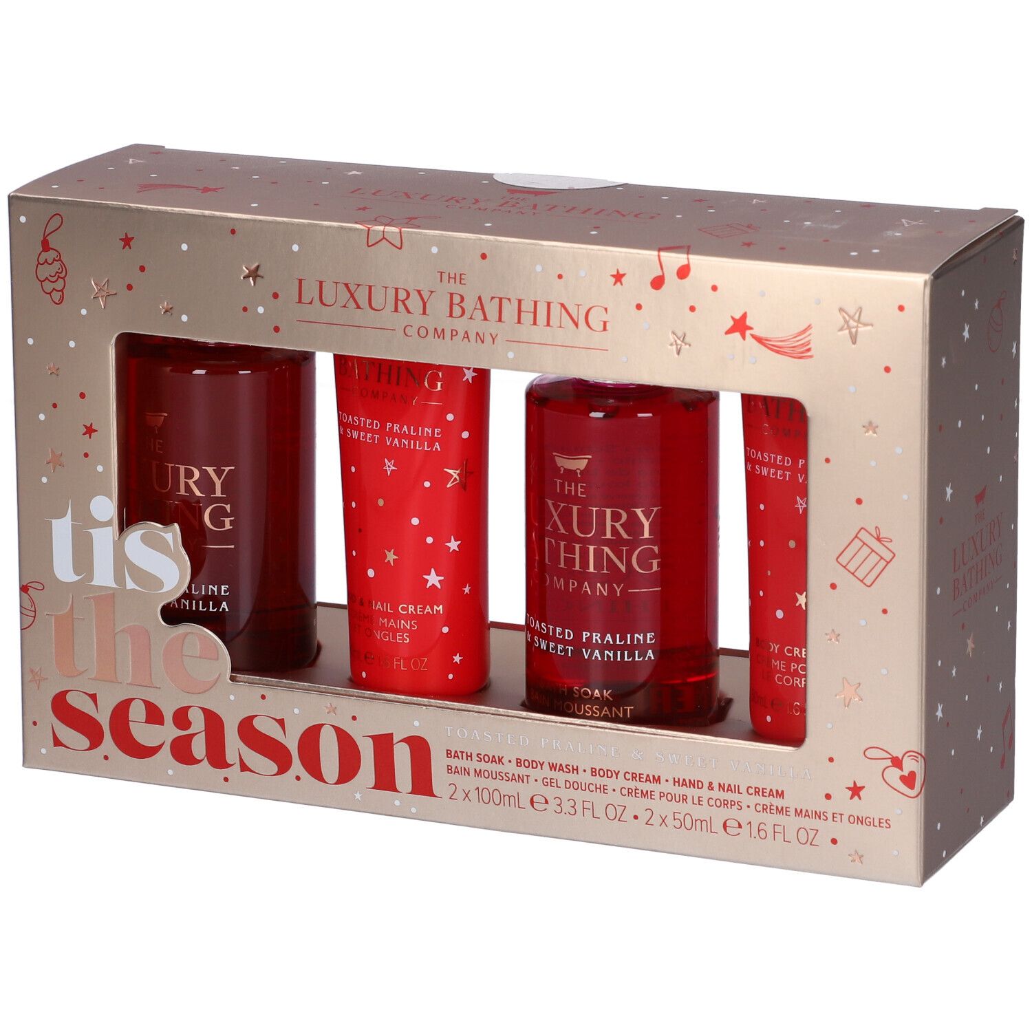 The Luxury Bathing Company Set Regalo Vaniglia Calda e Pralina Tostata Gel Doccia + Crema Mani + Crema Corpo + Bath Soak