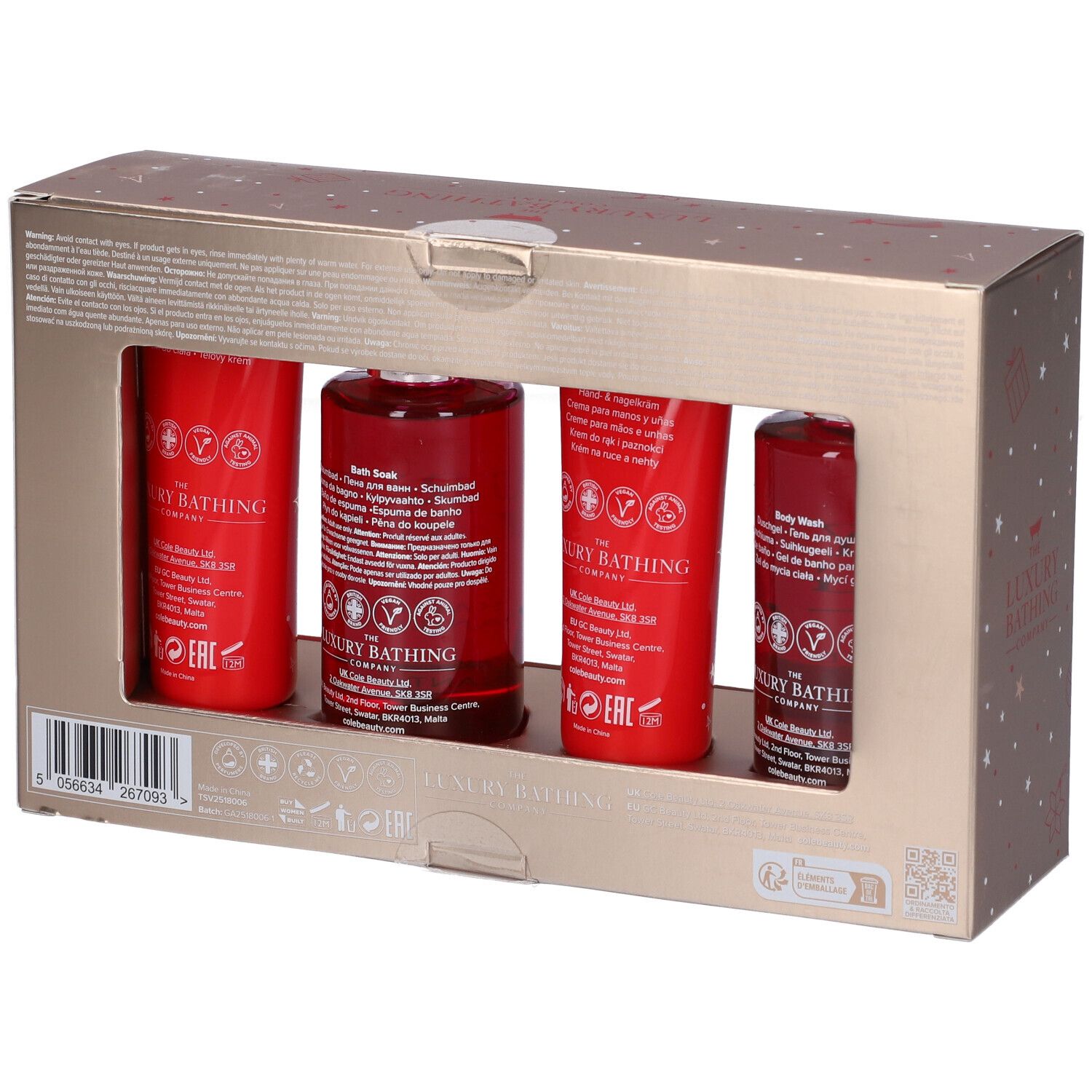 Retro della confezione regalo con quattro prodotti rossi. Informazioni e logo.