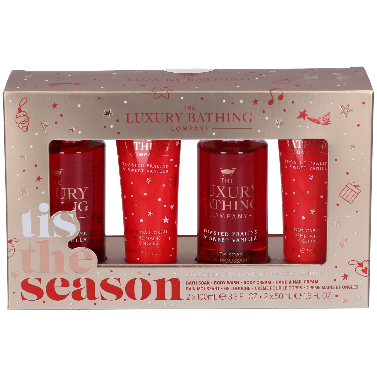 Confezione regalo dorata con quattro prodotti rossi. Nomi dei prodotti e dimensioni.