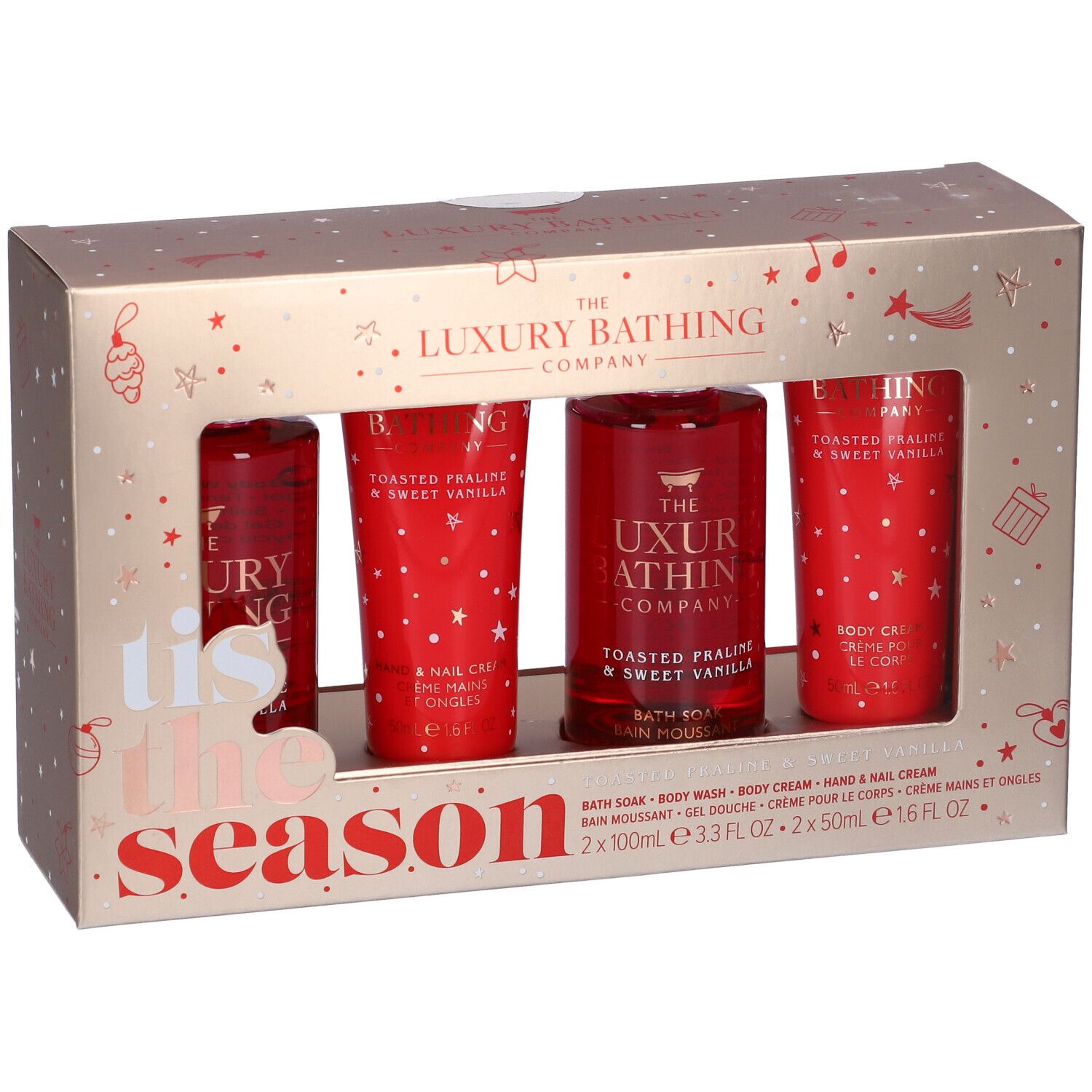 Confezione regalo dorata con quattro prodotti rossi. Nomi dei prodotti e dimensioni.