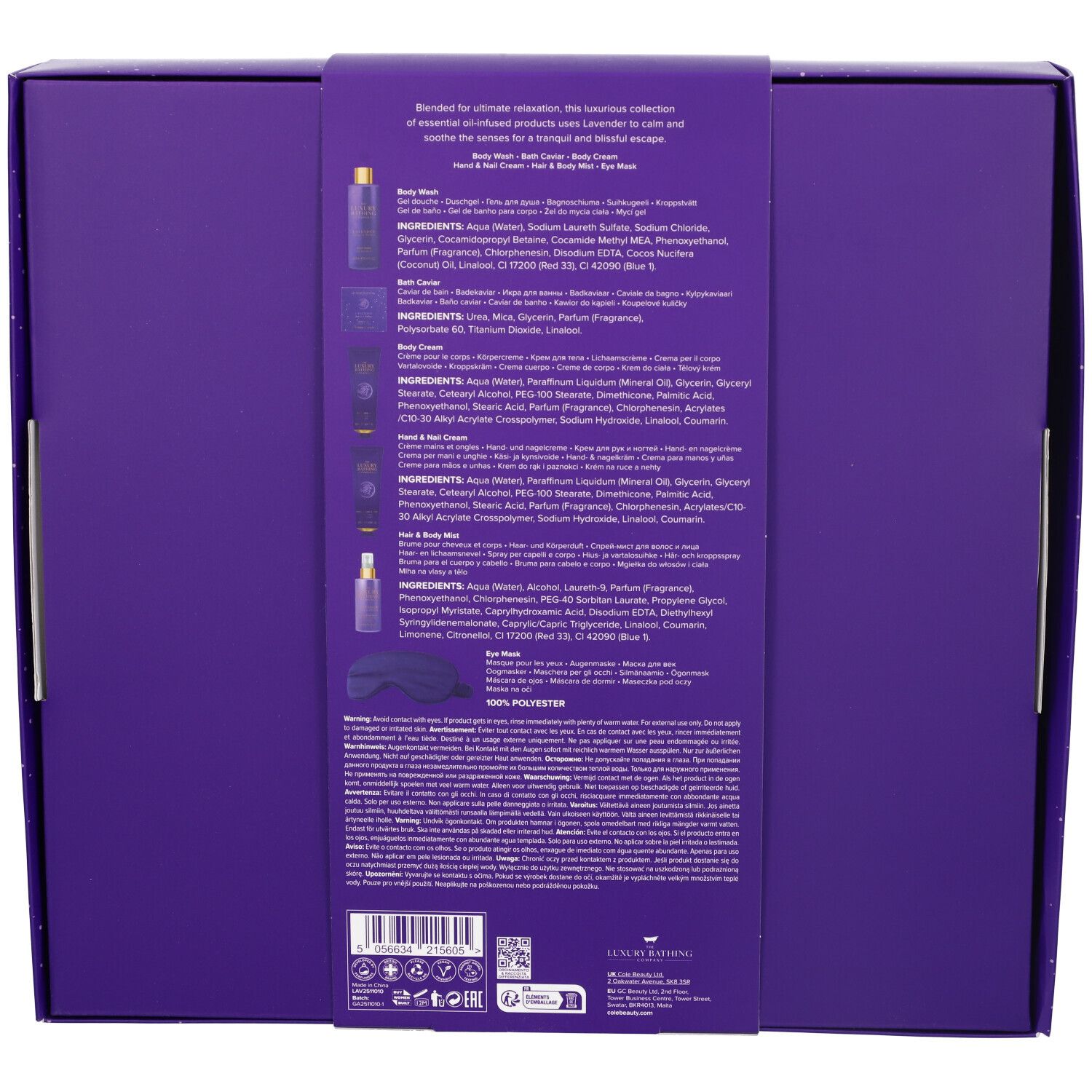 Retro della confezione regalo. Sfondo viola con testo e informazioni sul prodotto. Contiene ingredienti e istruzioni. Con un codice a barre.