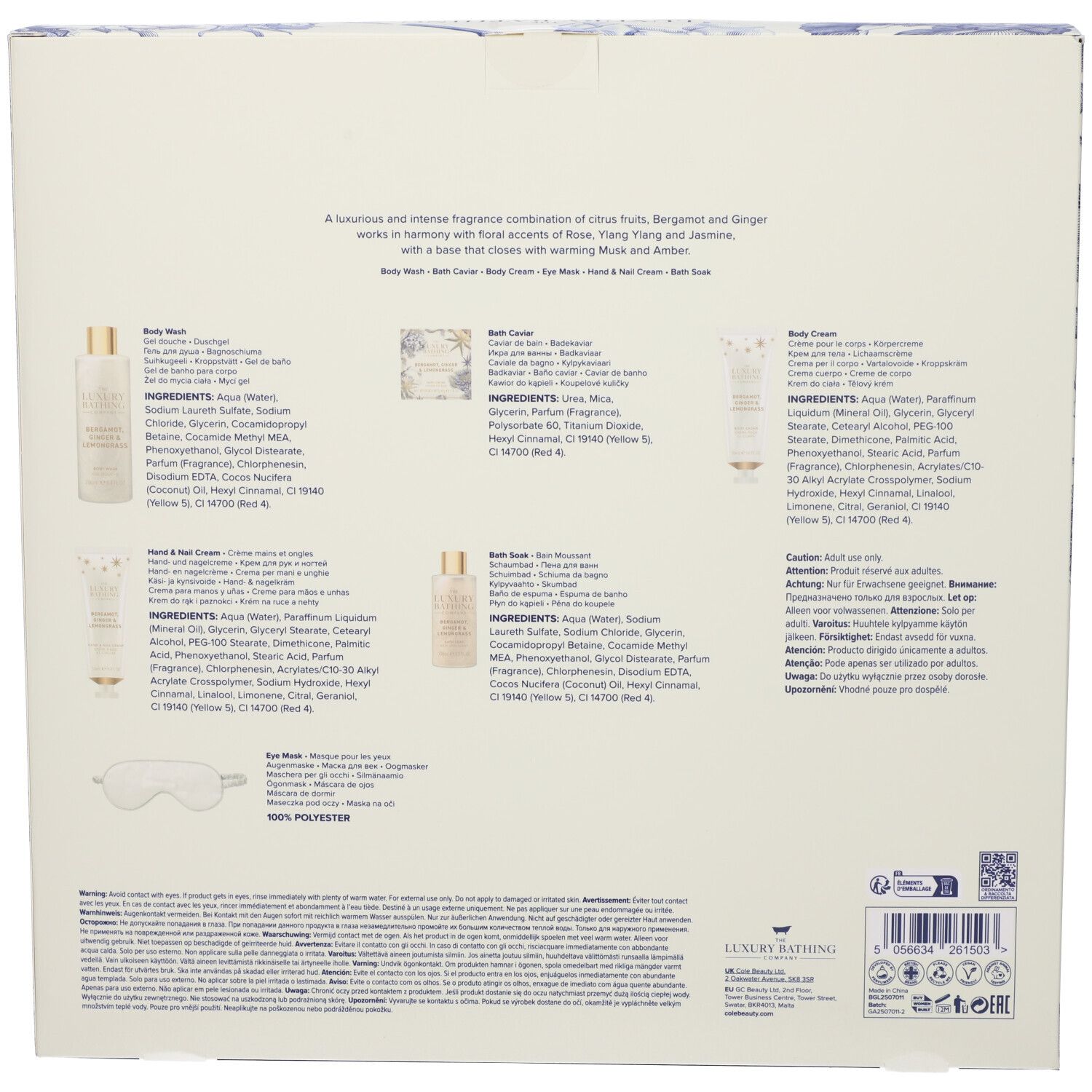 Retro della confezione regalo con informazioni sul prodotto e ingredienti in diverse lingue. Sfondo bianco.