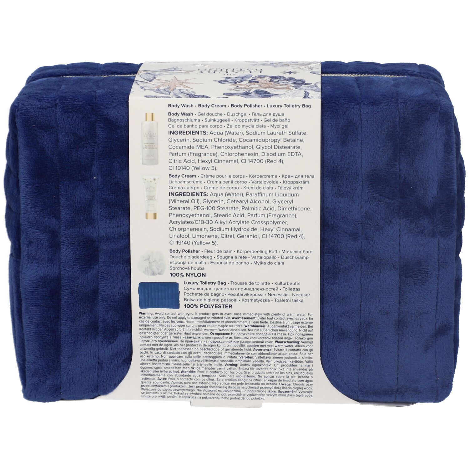 Retro del set regalo. Contiene informazioni sul prodotto e ingredienti in diverse lingue.