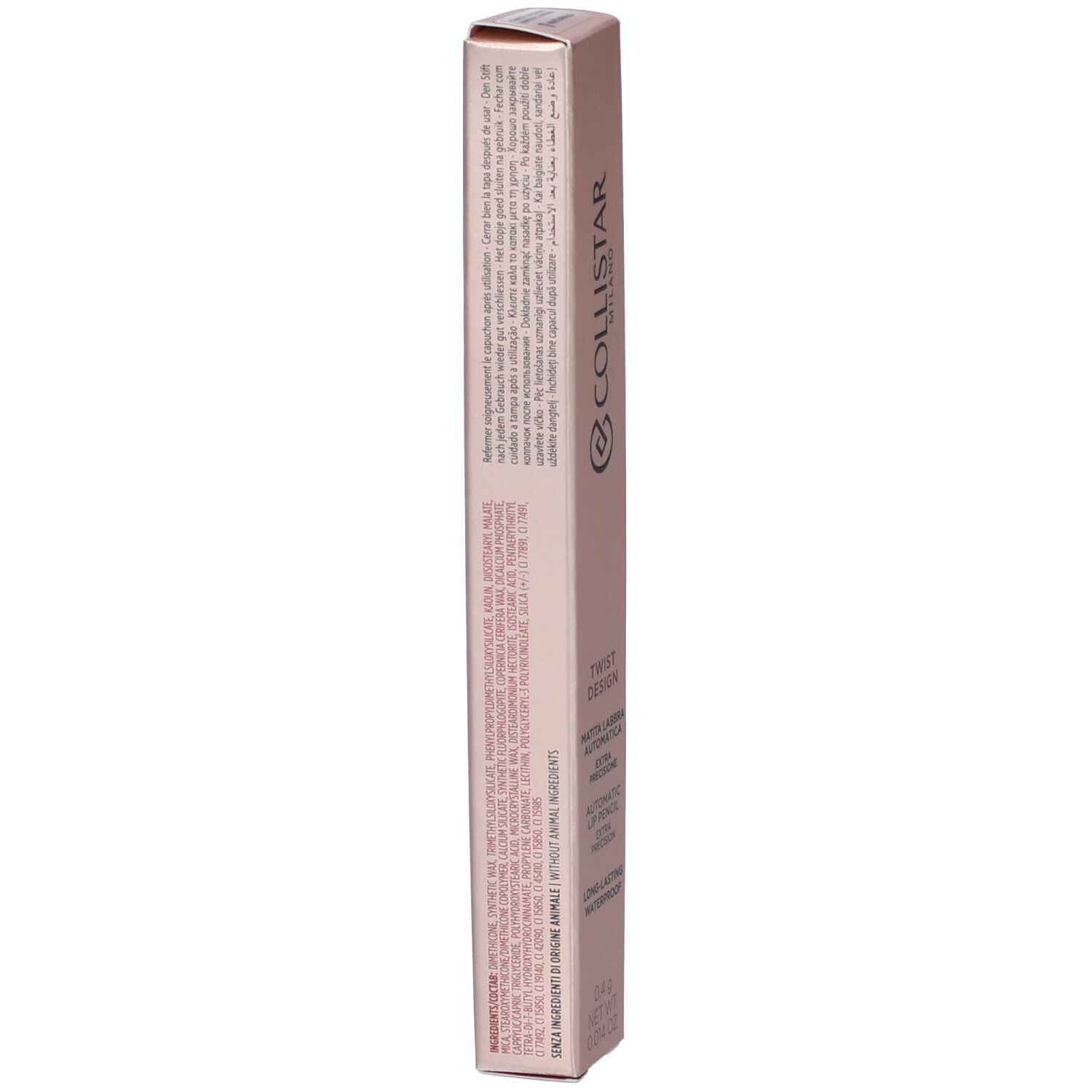 Retro della confezione matita labbra Collistar. Informazioni testuali su scatola rosa dorato. Vista verticale.