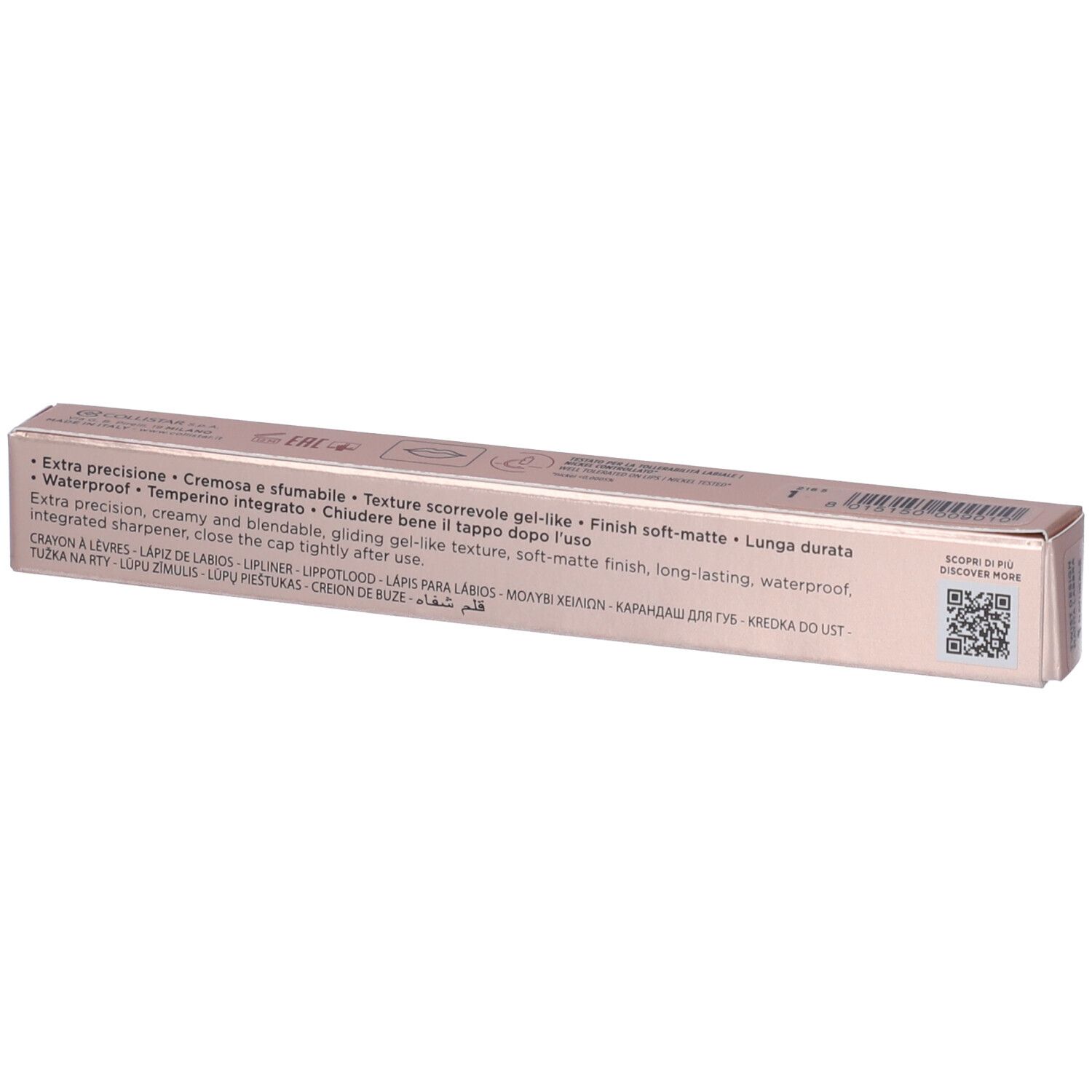 Confezione matita labbra Collistar. Scatola rosa dorato con testo e codice QR. Primo piano.