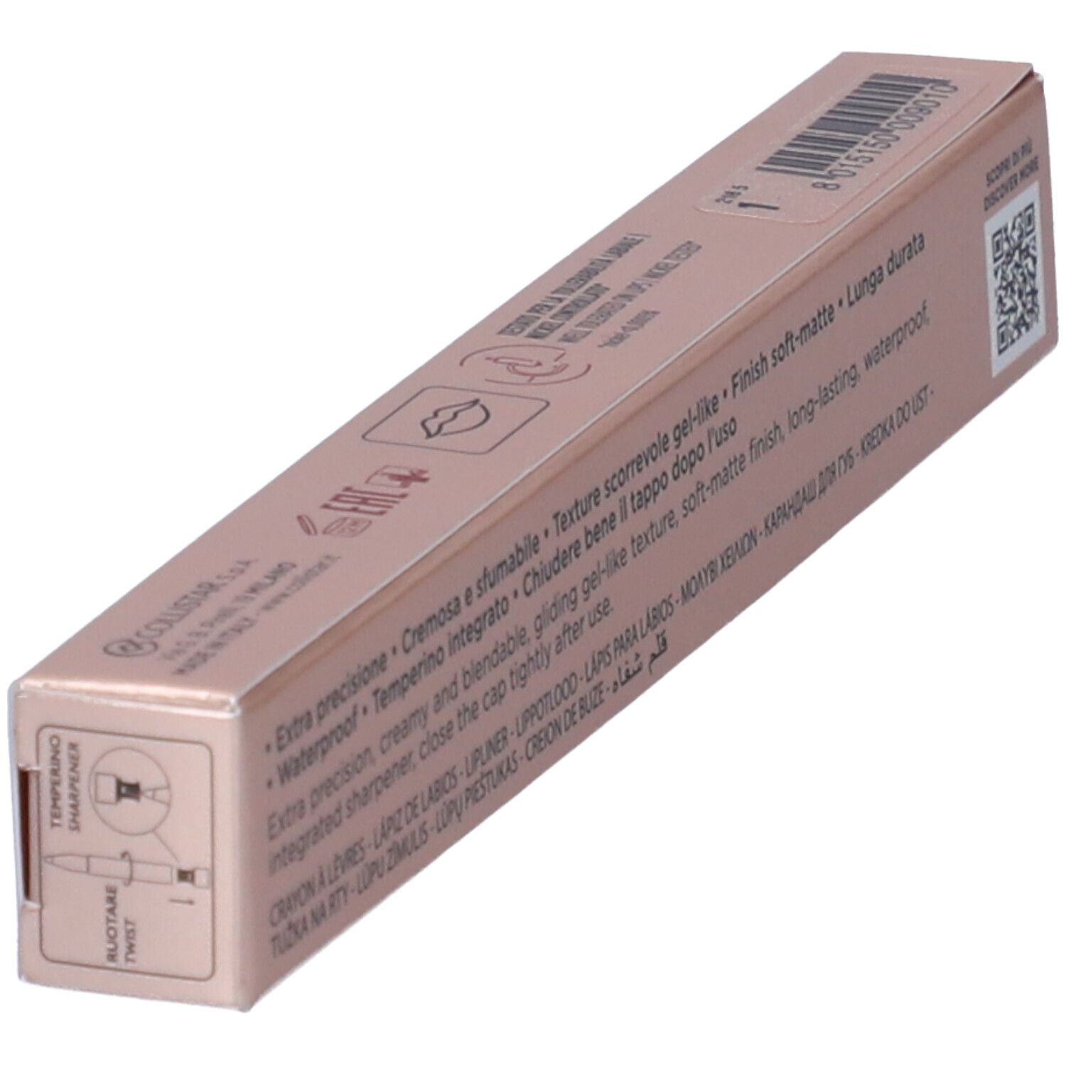 Confezione matita labbra Collistar. Scatola rosa dorato con testo, codice QR e istruzioni. Vista obliqua.