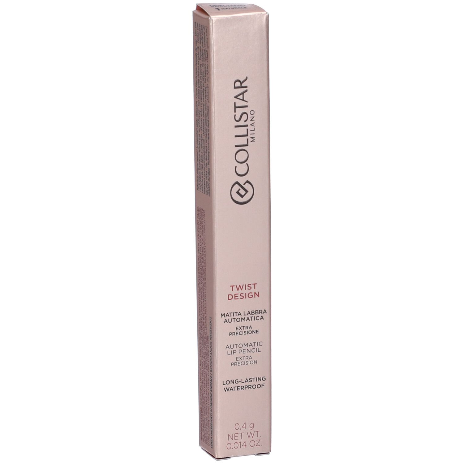 Confezione matita labbra Collistar. Scatola rosa dorato con informazioni e logo. Vista verticale.