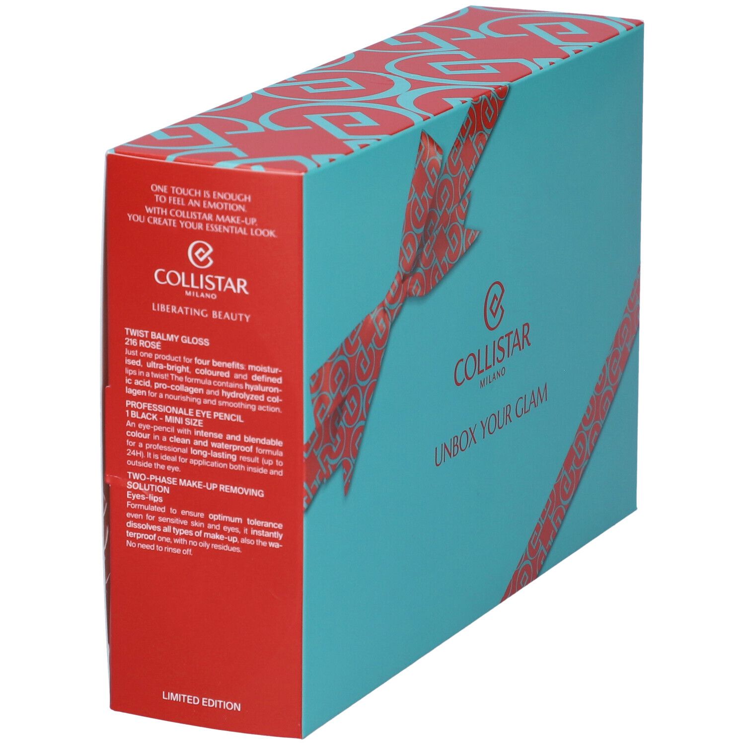Confezione regalo con testo e logo. Scritta: Collistar Milano, Unbox Your Glam. Contiene prodotti.