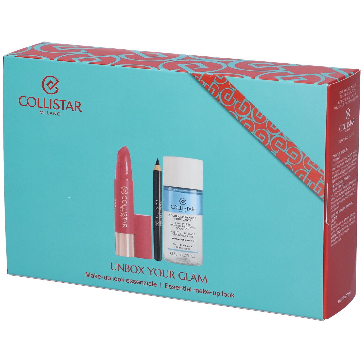 Confezione regalo turchese con prodotti: rossetto, eyeliner, struccante. Scritta: Collistar Milano, Unbox Your Glam.