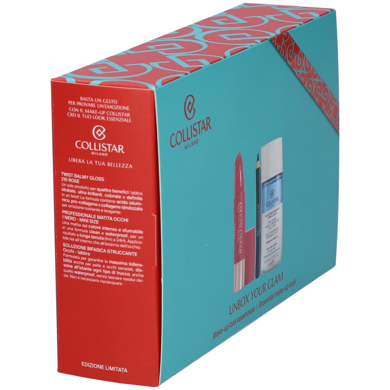 Confezione regalo con prodotti: rossetto, eyeliner, struccante. Scritta: Collistar Milano, Unbox Your Glam.
