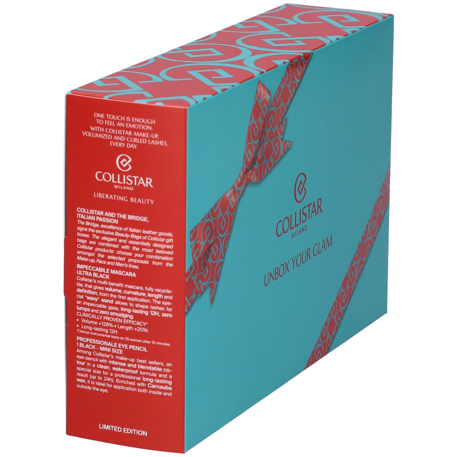 Scatola regalo turchese con nastro rosso. Testo: COLLISTAR MILANO, UNBOX YOUR GLAM. Testo laterale.