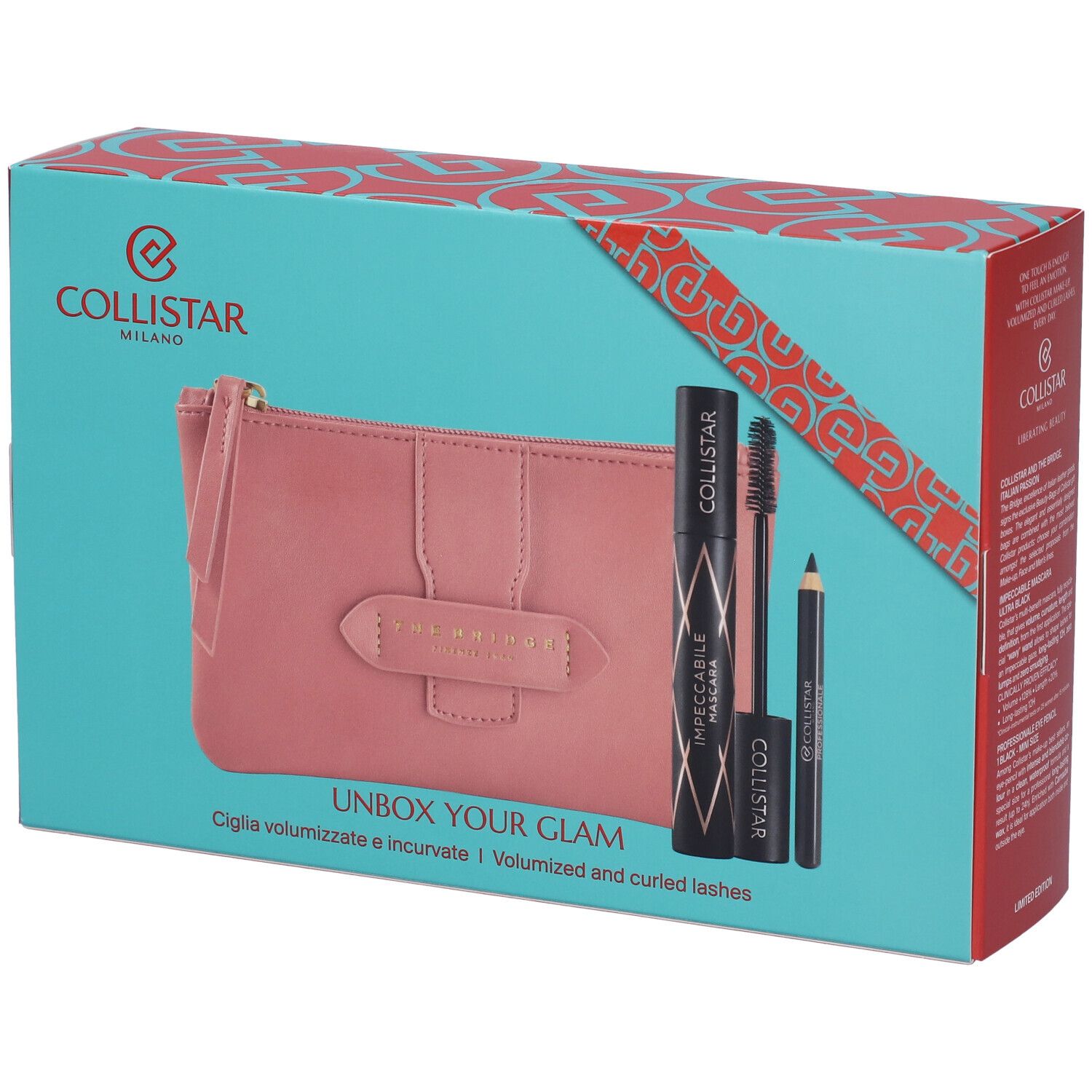 Set regalo con mascara, eyeliner e pochette. Scatola turchese con fiocco rosso. Scritta: COLLISTAR.