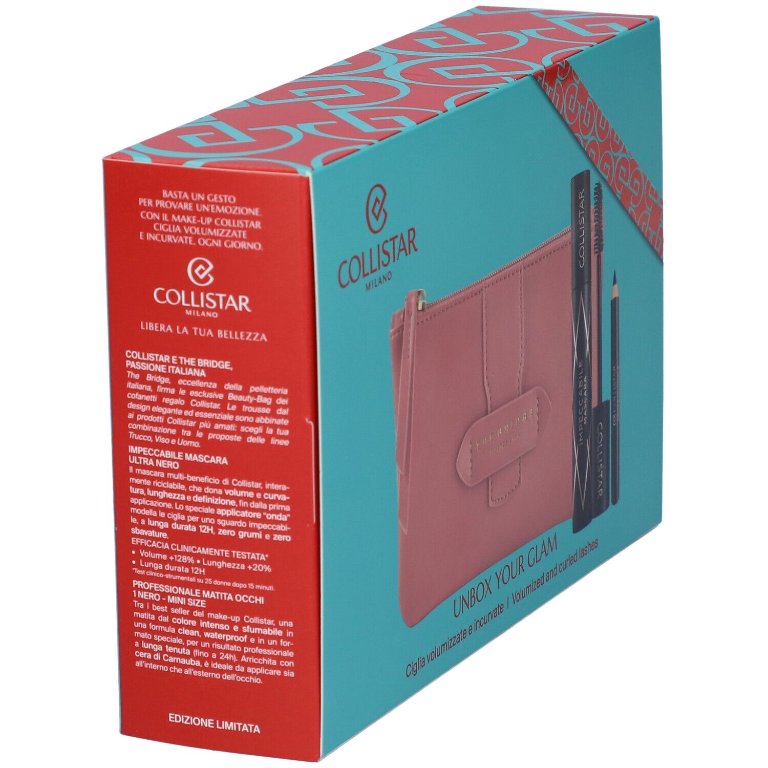 Set regalo con mascara, eyeliner e pochette. Scatola turchese con nastro rosso. Testo: COLLISTAR, UNBOX YOUR GLAM.