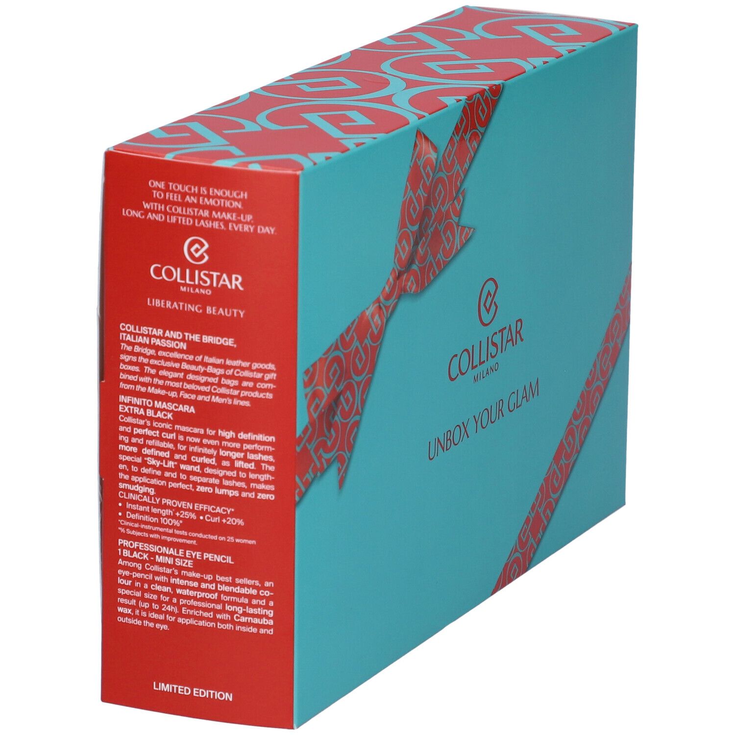 Scatola regalo turchese con fiocco rosso e testo. Scritta: Collistar Milano, UNBOX YOUR GLAM. Testo in italiano.
