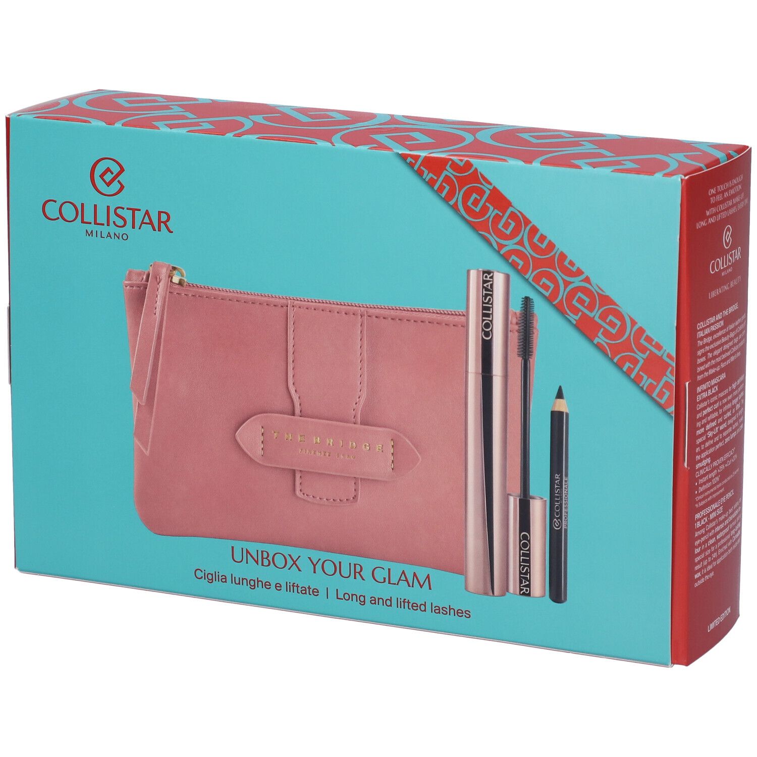 Set regalo con prodotti cosmetici in una scatola turchese. Contiene un beauty case rosa, mascara e eyeliner.