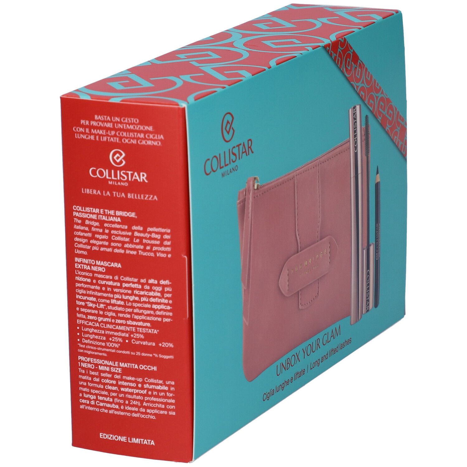 Scatola regalo con prodotti cosmetici. Contiene un beauty case rosa, mascara e eyeliner. Testo in italiano.